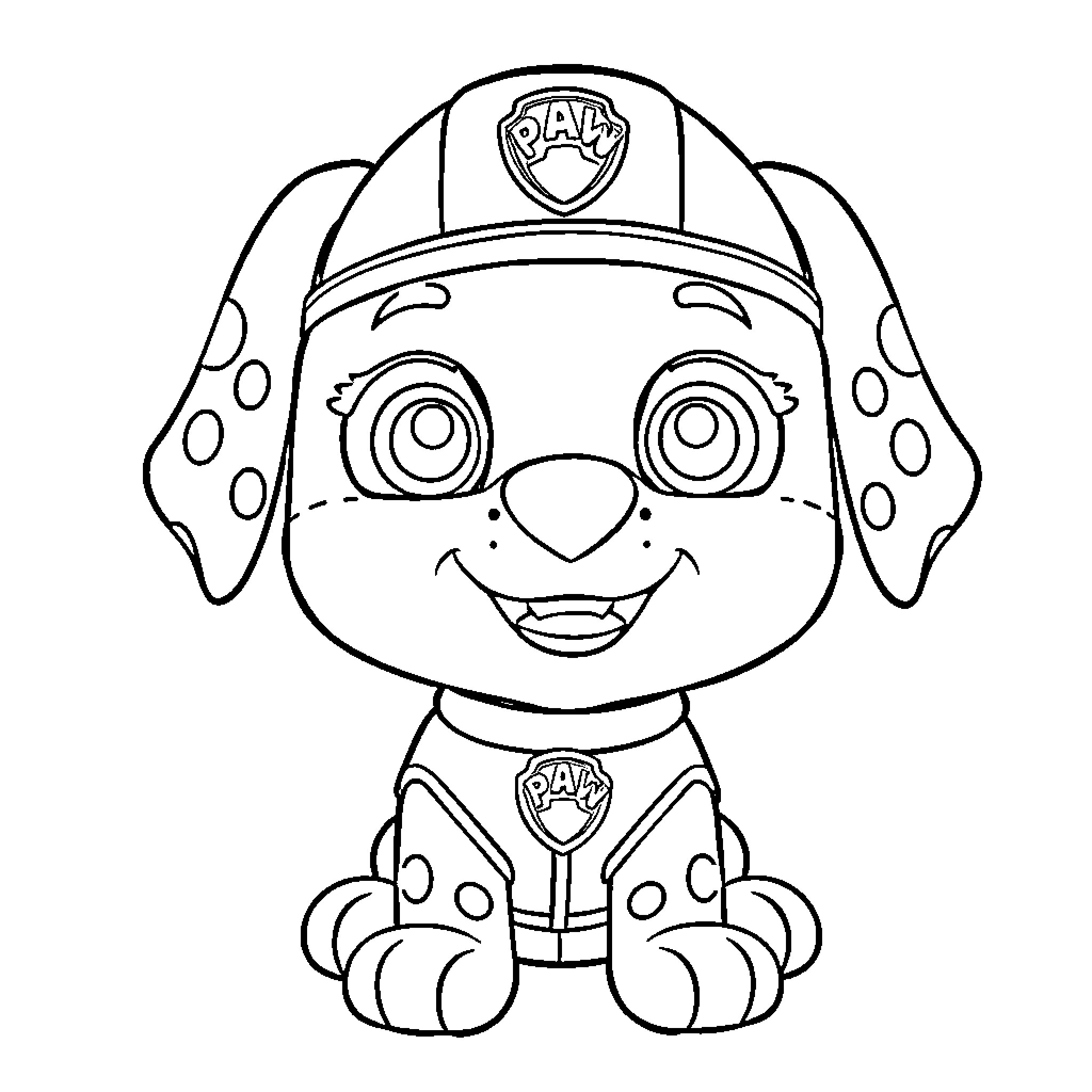 Labubu the Paw Patrol Puppy's Playful Adventure Coloring Page (free black-and-white line drawing printable PDF for all, from beginners to advanced learners, including children, teens, adults, and seniors)