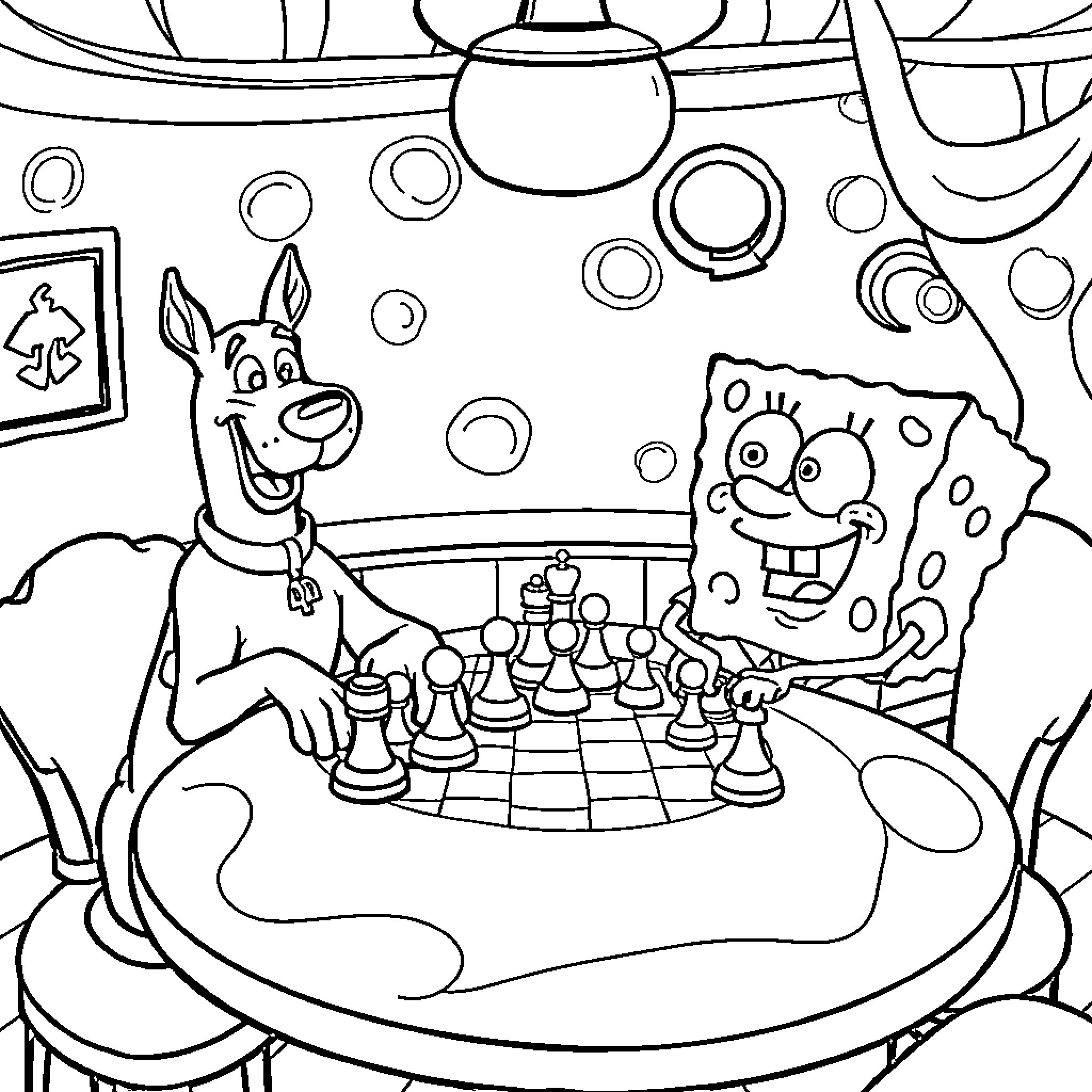 Scooby Doo and SpongeBob play chess in a whimsical room Coloring Page (free black-and-white line drawing printable PDF for all, from beginners to advanced learners, including children, teens, adults, and seniors)