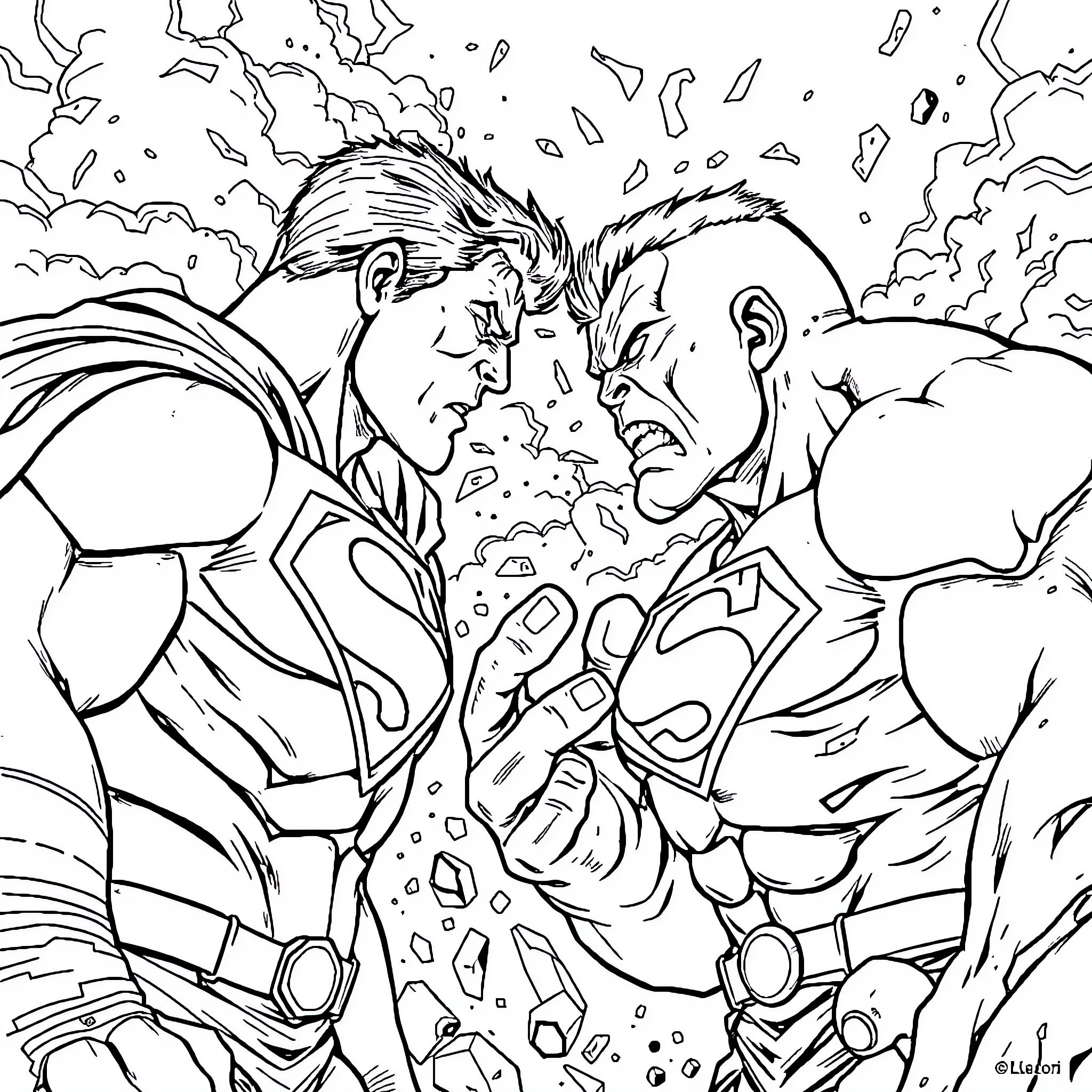 Superman battling a fierce opponent in an intense fight Coloring Page (free black-and-white line drawing printable PDF for all, from beginners to advanced learners, including children, teens, adults, and seniors)