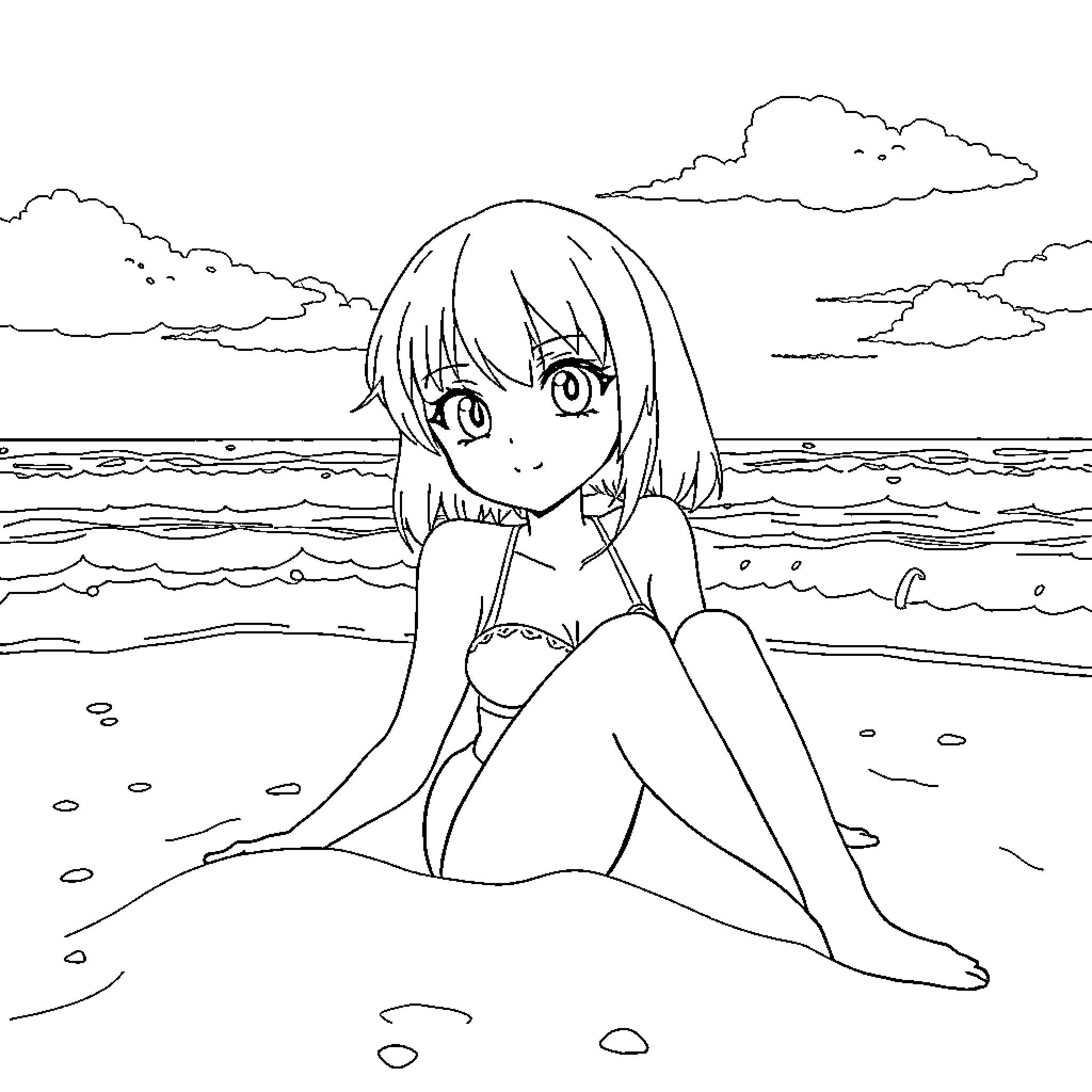Yumi relaxing on the beach Coloring Page (free black-and-white line drawing printable PDF for all, from beginners to advanced learners, including children, teens, adults, and seniors)