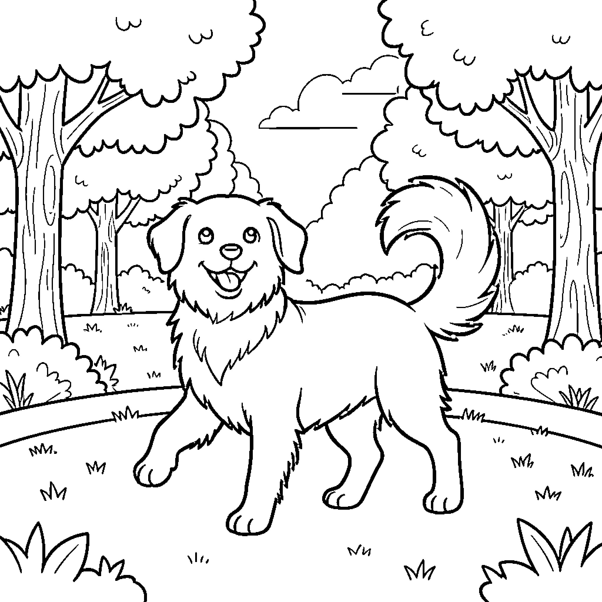 Dog exploring the forest happily Coloring Page (free black-and-white line drawing printable PDF for all, from beginners to advanced learners, including children, teens, adults, and seniors)