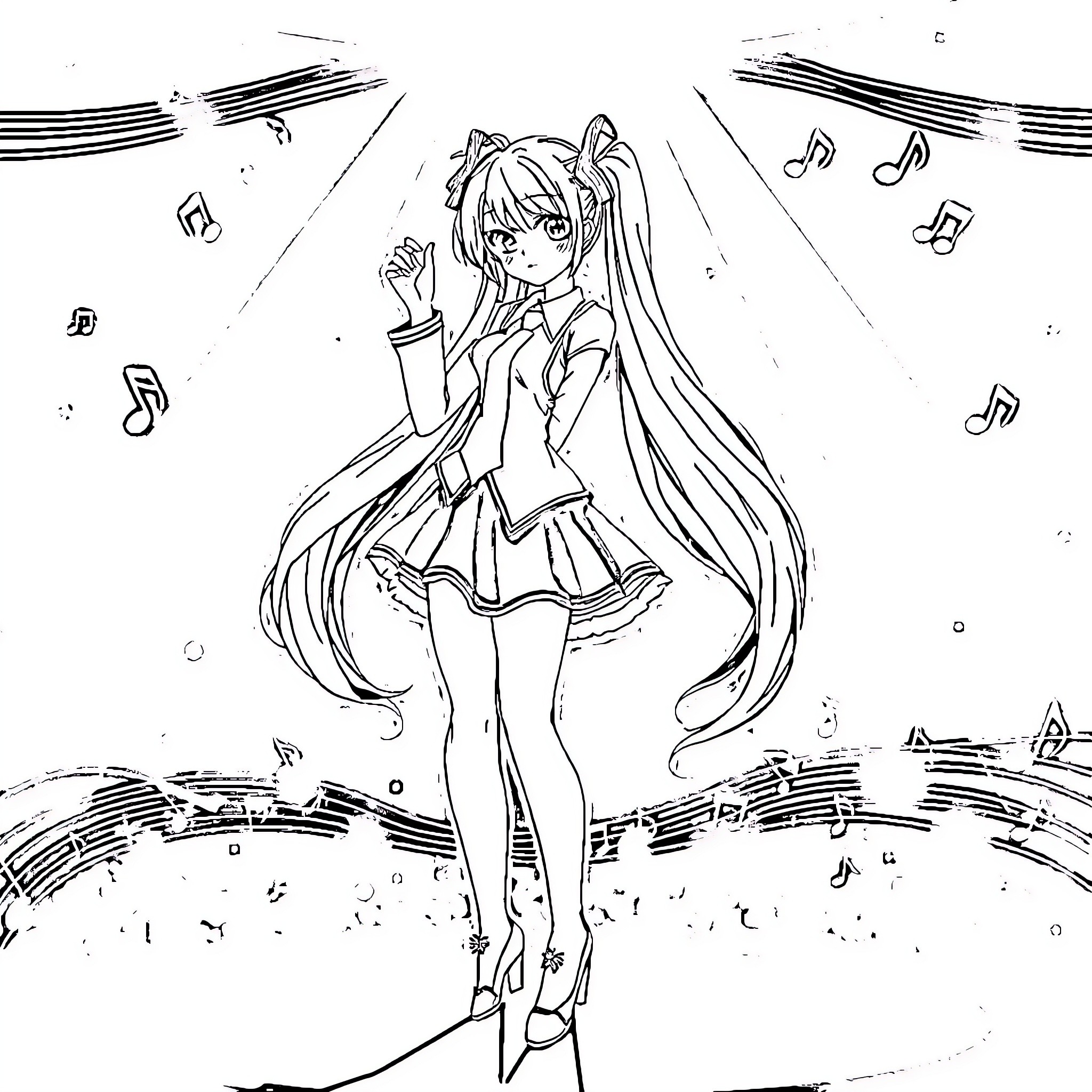 Miku singing and dancing on the stage Coloring Page (free black-and-white line drawing printable PDF for all, from beginners to advanced learners, including children, teens, adults, and seniors)