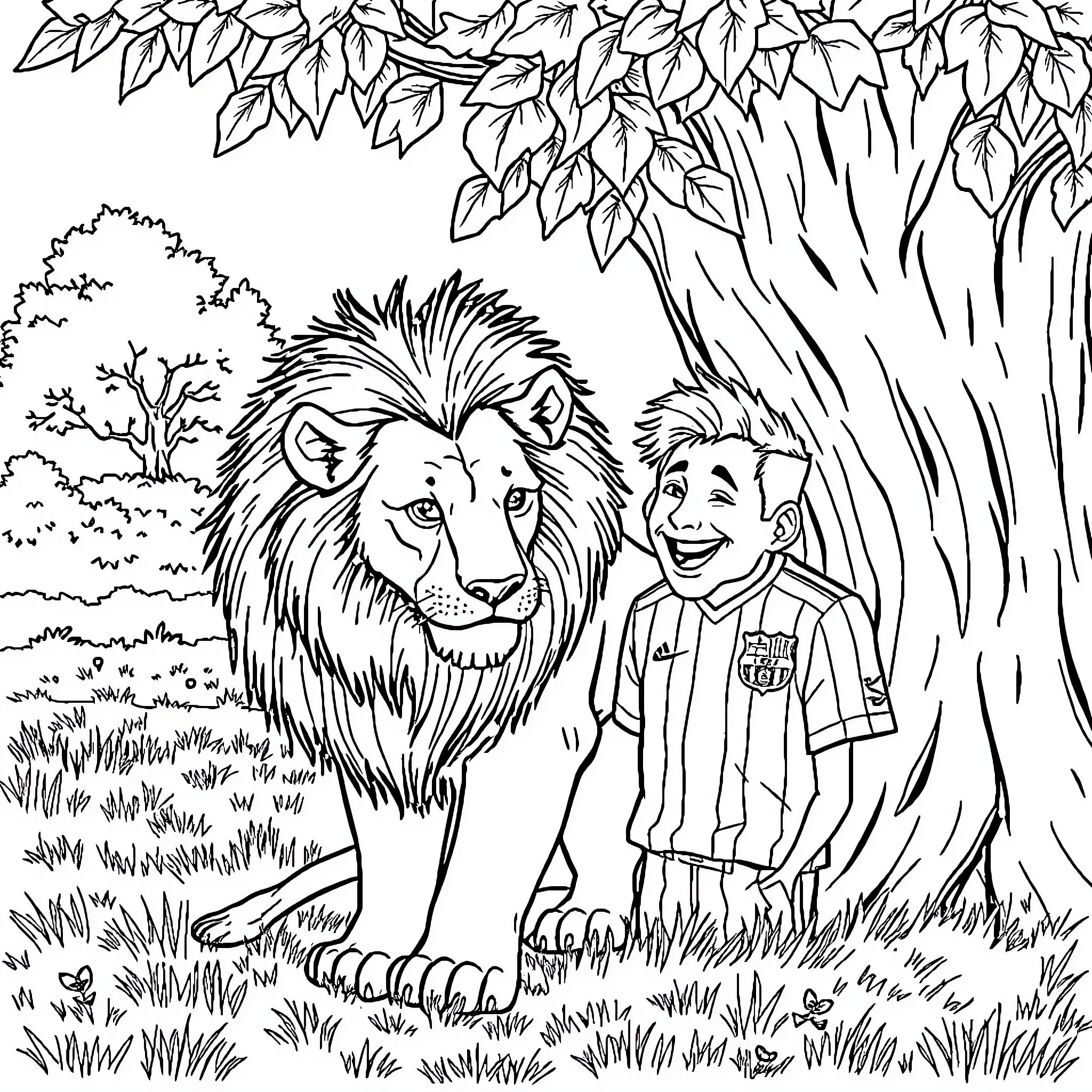Lion and Child Exploring the Jungle Coloring Page (free black-and-white line drawing printable PDF for all, from beginners to advanced learners, including children, teens, adults, and seniors)