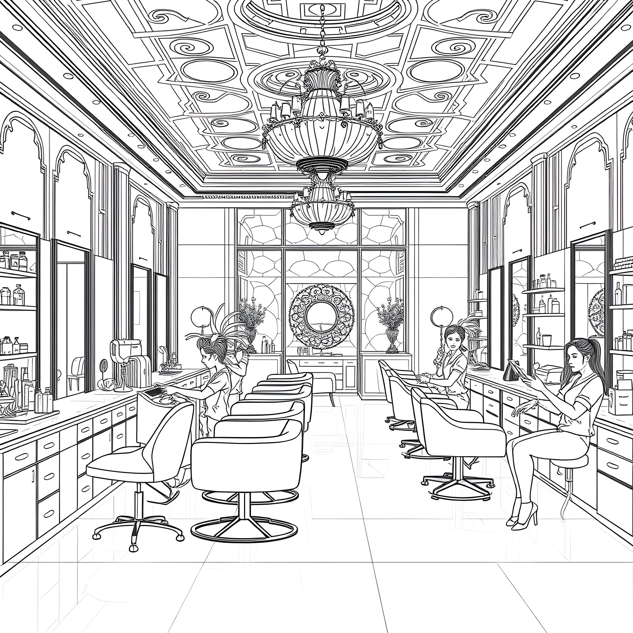 Salon with stylists and clients in ornate interior Coloring Page (free black-and-white line drawing printable PDF for all, from beginners to advanced learners, including children, teens, adults, and seniors)