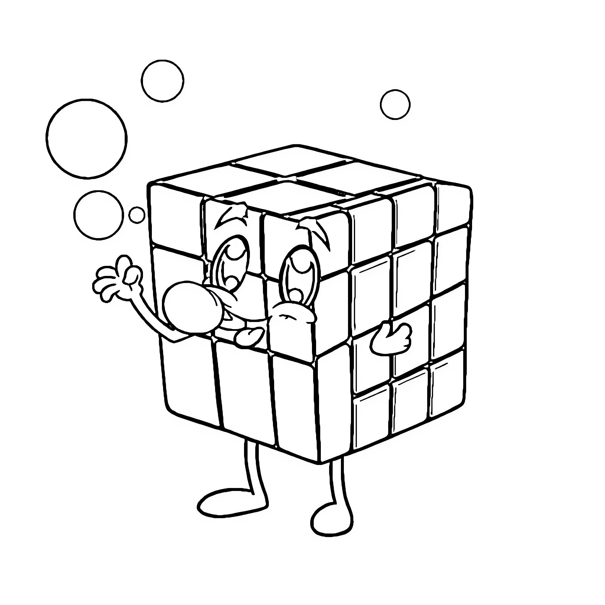 Rubik's Cube character solving the puzzle Coloring Page (free black-and-white line drawing printable PDF for all, from beginners to advanced learners, including children, teens, adults, and seniors)
