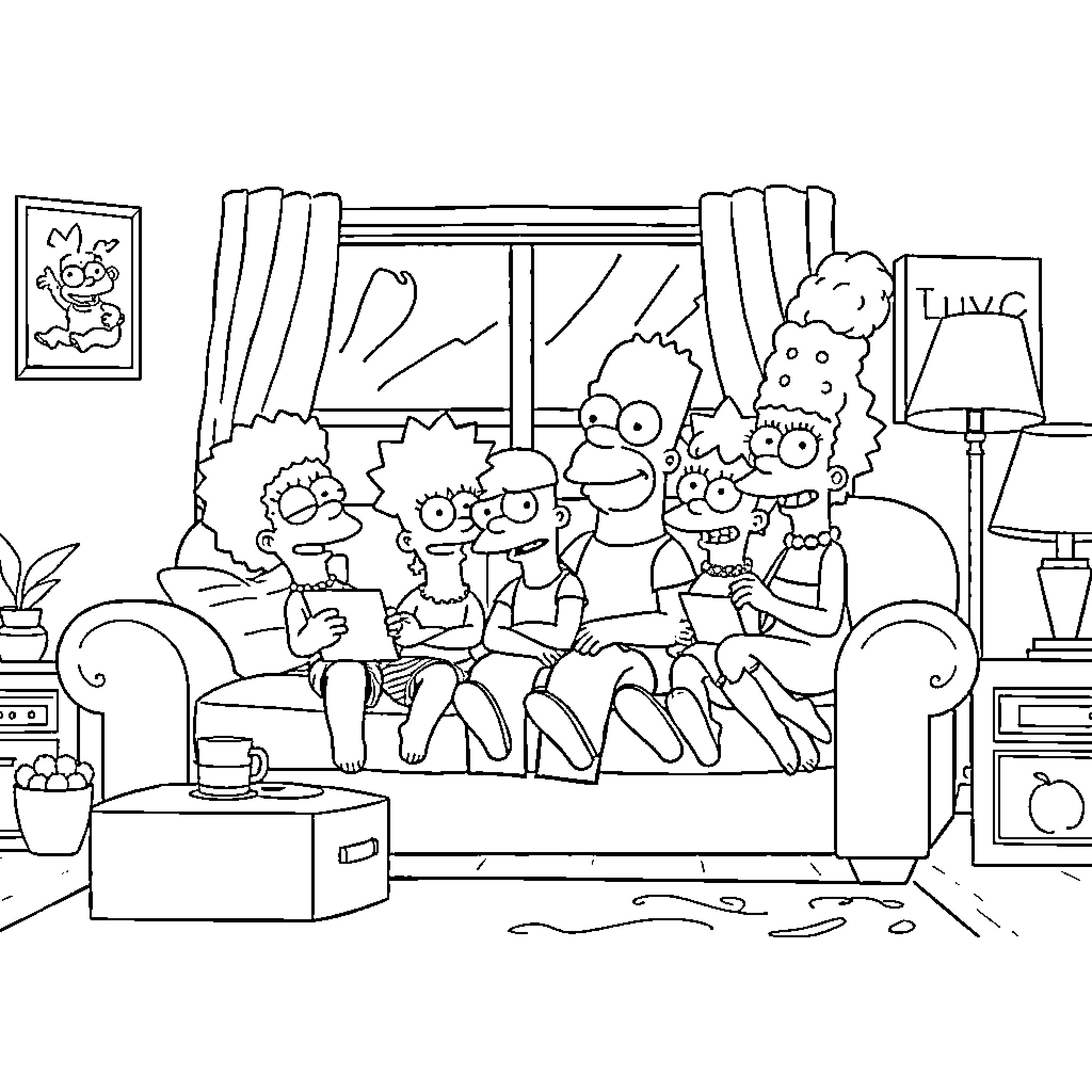 Simpson Family Relaxing Together at Home Coloring Page (free black-and-white line drawing printable PDF for all, from beginners to advanced learners, including children, teens, adults, and seniors)