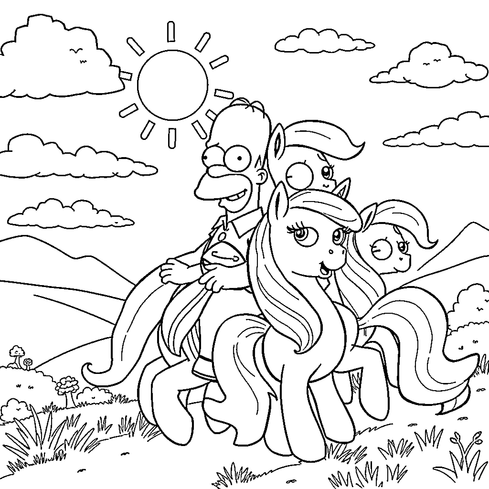 Homer Simpson enjoying a scenic day with magical ponies Coloring Page (free black-and-white line drawing printable PDF for all, from beginners to advanced learners, including children, teens, adults, and seniors)