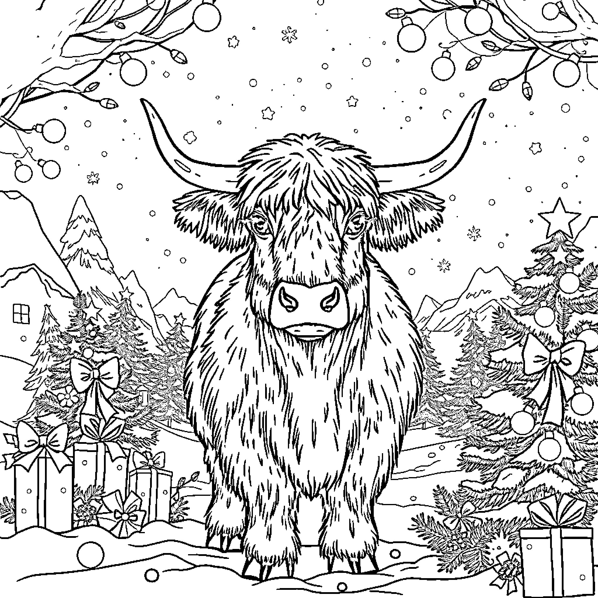 Highland Cow in a Snowy Winter Wonderland Coloring Page (free black-and-white line drawing printable PDF for all, from beginners to advanced learners, including children, teens, adults, and seniors)