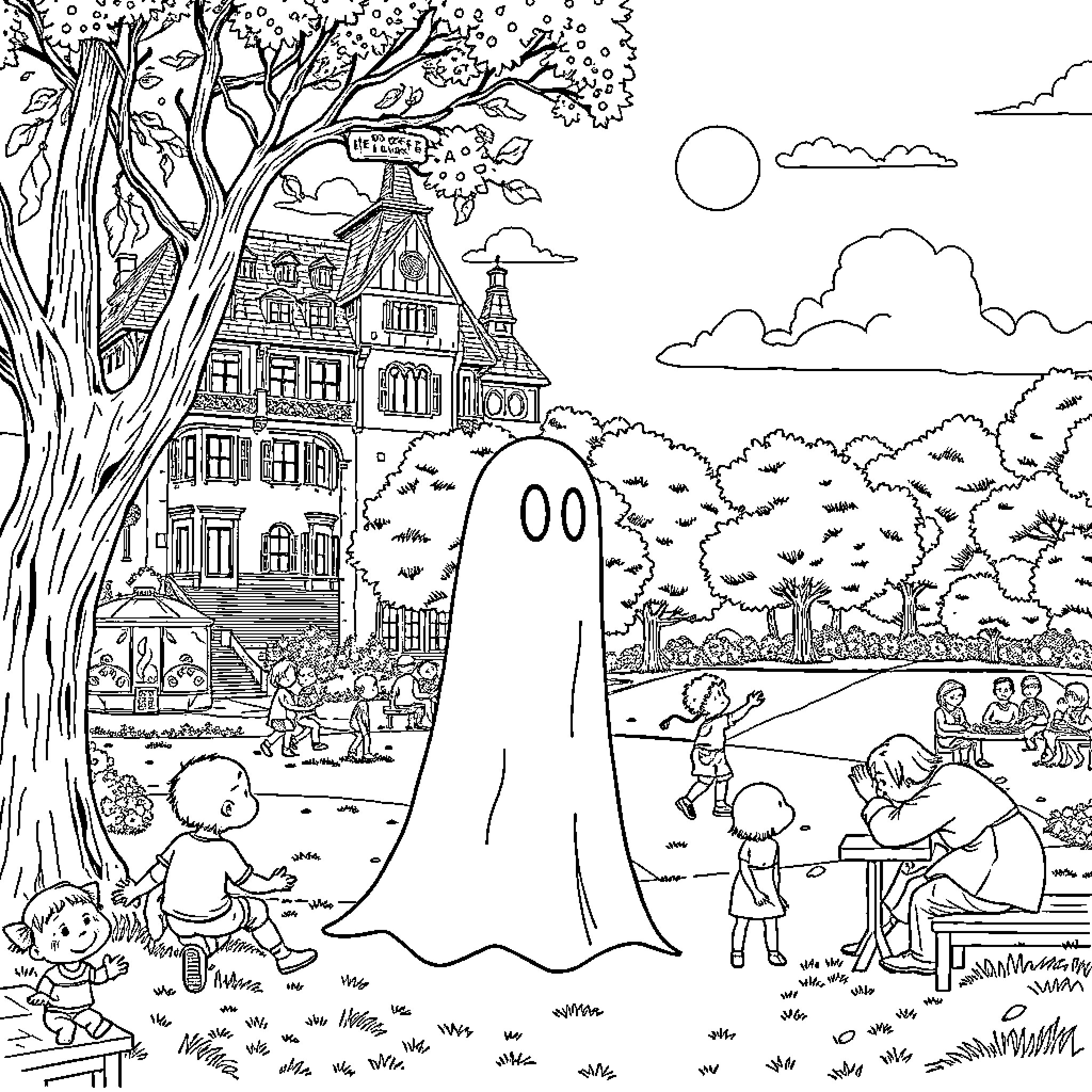 Abaddon's Haunted House and Ghostly Antics Coloring Page (free black-and-white line drawing printable PDF for all, from beginners to advanced learners, including children, teens, adults, and seniors)