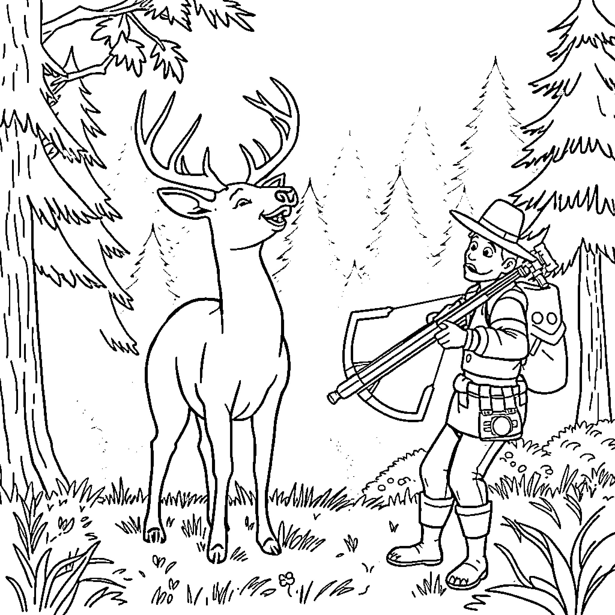 Deer and hunter in the forest Coloring Page (free black-and-white line drawing printable PDF for all, from beginners to advanced learners, including children, teens, adults, and seniors)