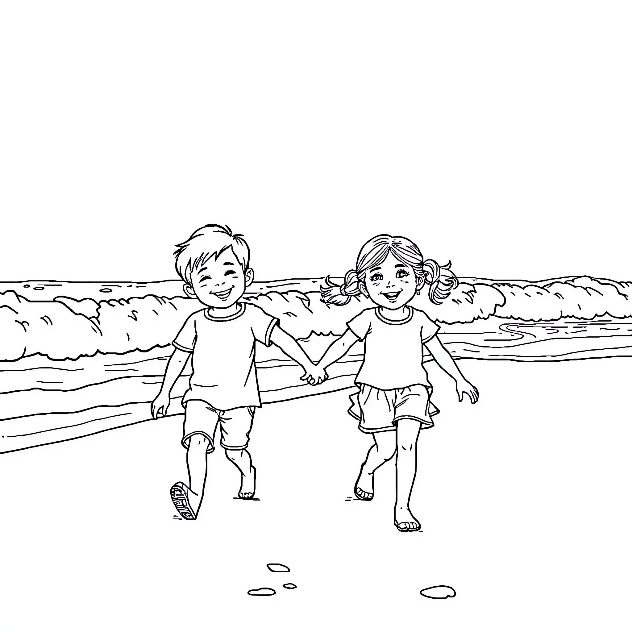 Children playing happily on the beach Coloring Page (free black-and-white line drawing printable PDF for all, from beginners to advanced learners, including children, teens, adults, and seniors)