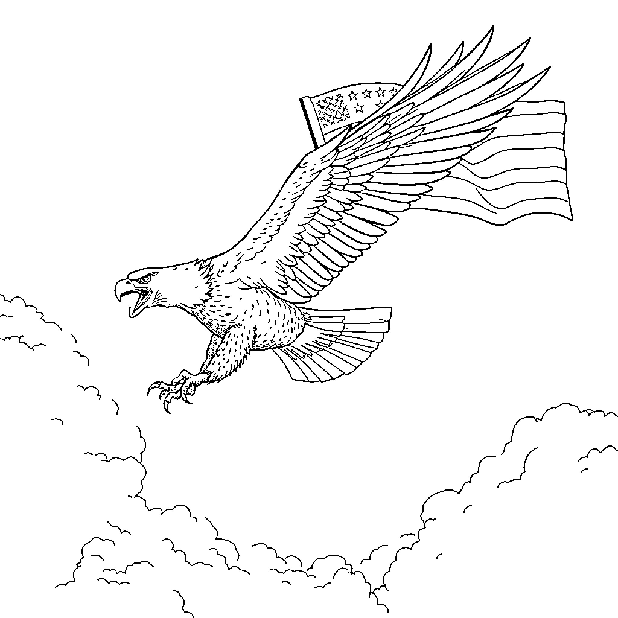 Eagle soaring with American flag Coloring Page (free black-and-white line drawing printable PDF for all, from beginners to advanced learners, including children, teens, adults, and seniors)