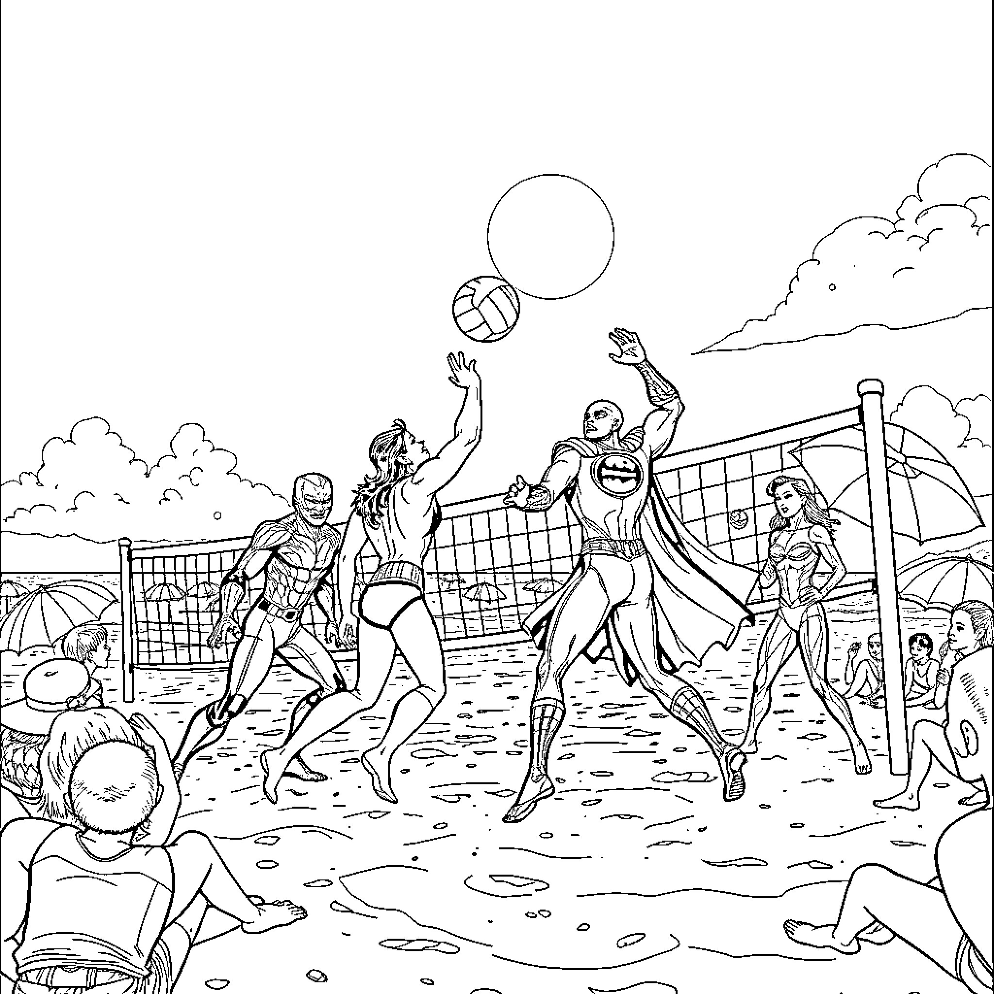 Superhero beach volleyball game with spectators Coloring Page (free black-and-white line drawing printable PDF for all, from beginners to advanced learners, including children, teens, adults, and seniors)