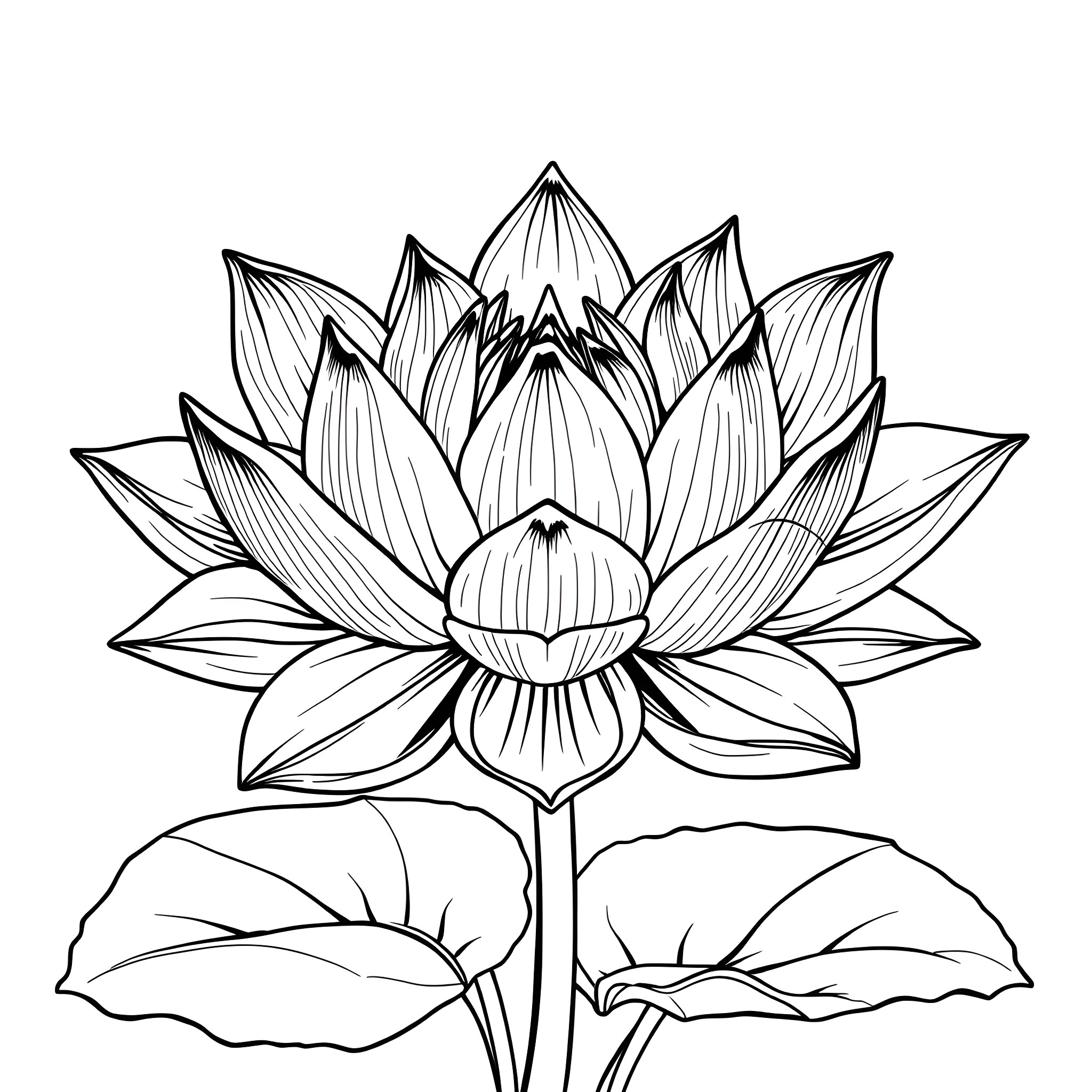Lotus Flower in Detailed Line Art Coloring Page (free black-and-white line drawing printable PDF for all, from beginners to advanced learners, including children, teens, adults, and seniors)
