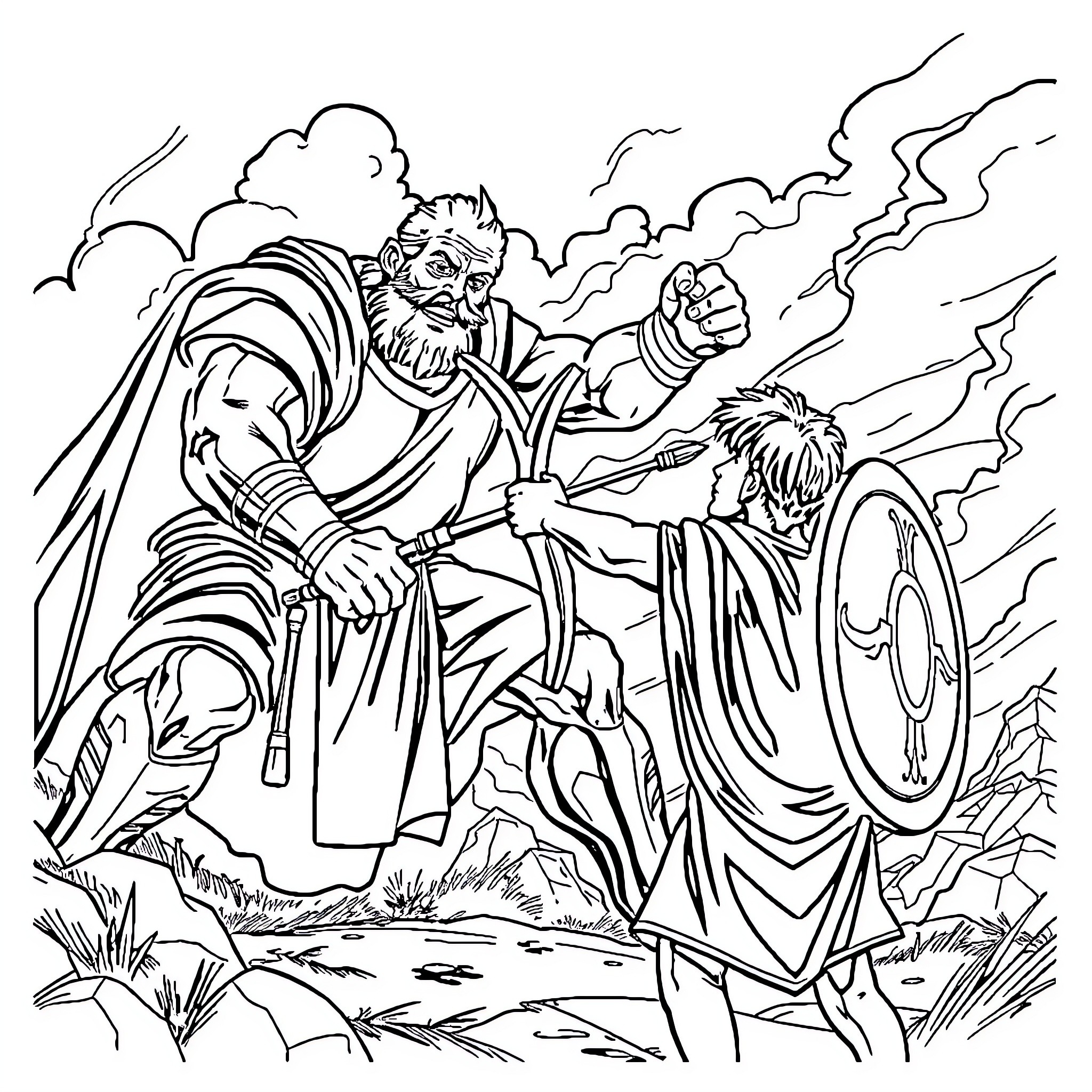 David confronting a powerful warrior in the wilderness Coloring Page (free black-and-white line drawing printable PDF for all, from beginners to advanced learners, including children, teens, adults, and seniors)