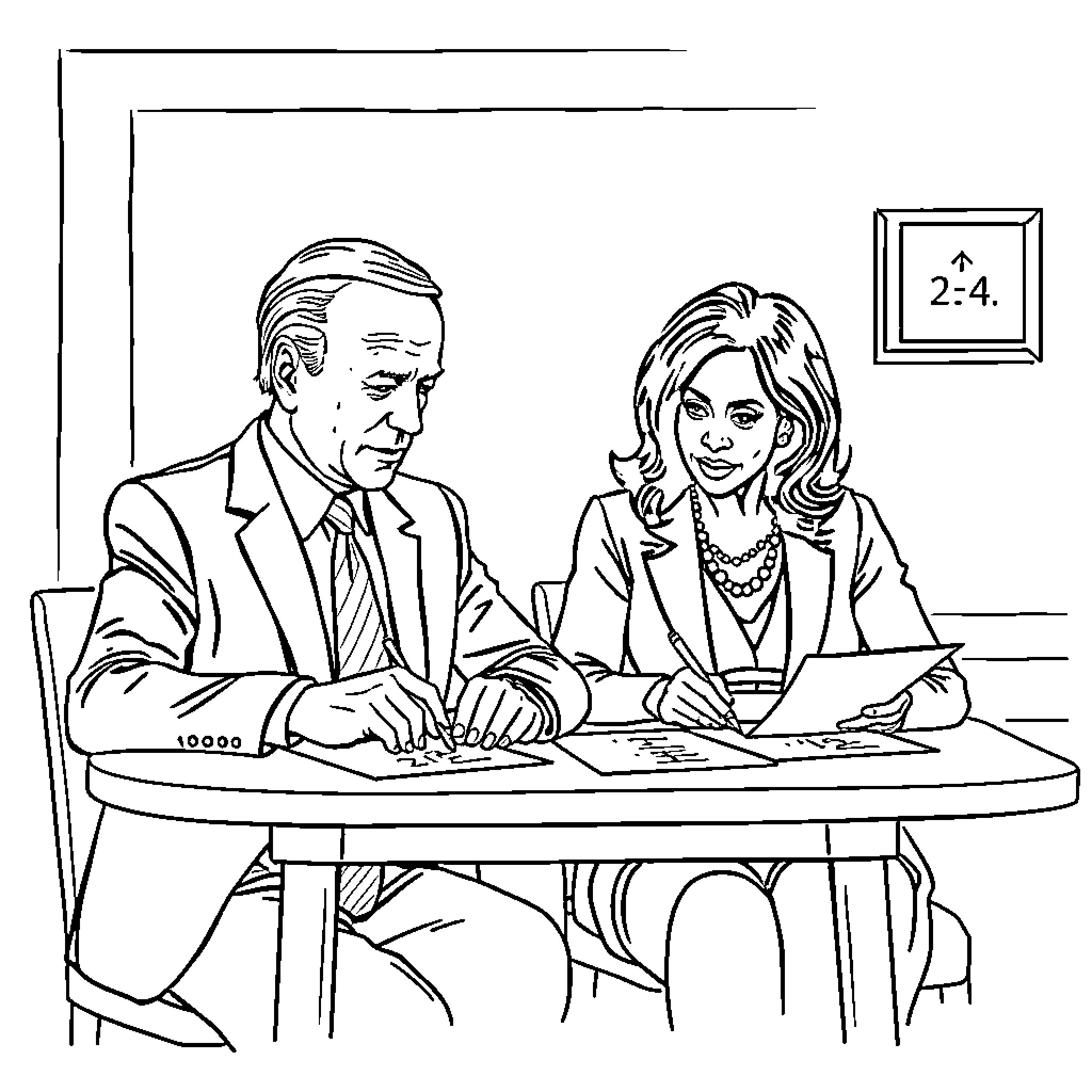 Joe Biden and Colleague Sitting at Desk Coloring Page (free black-and-white line drawing printable PDF for all, from beginners to advanced learners, including children, teens, adults, and seniors)