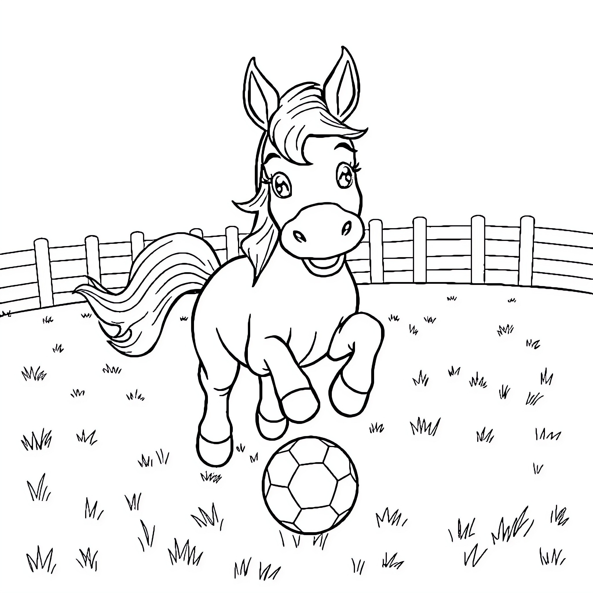 Pony playing with soccer ball in the field Coloring Page (free black-and-white line drawing printable PDF for all, from beginners to advanced learners, including children, teens, adults, and seniors)