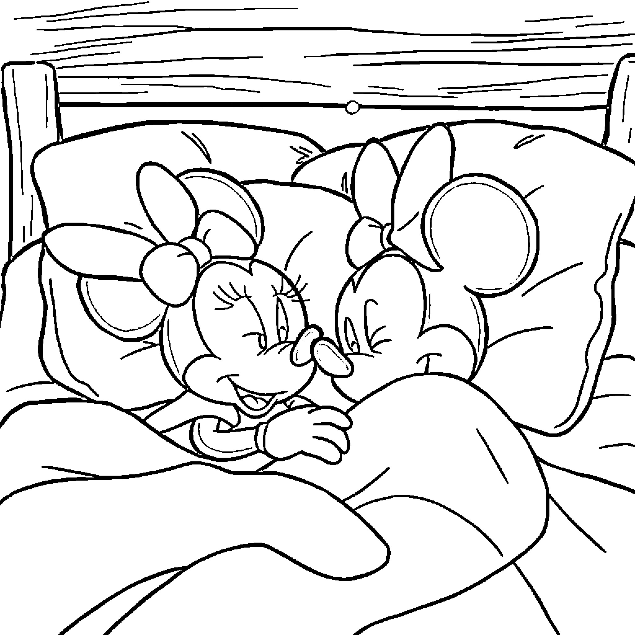 Minnie and Mickey snuggling in bed Coloring Page (free black-and-white line drawing printable PDF for all, from beginners to advanced learners, including children, teens, adults, and seniors)