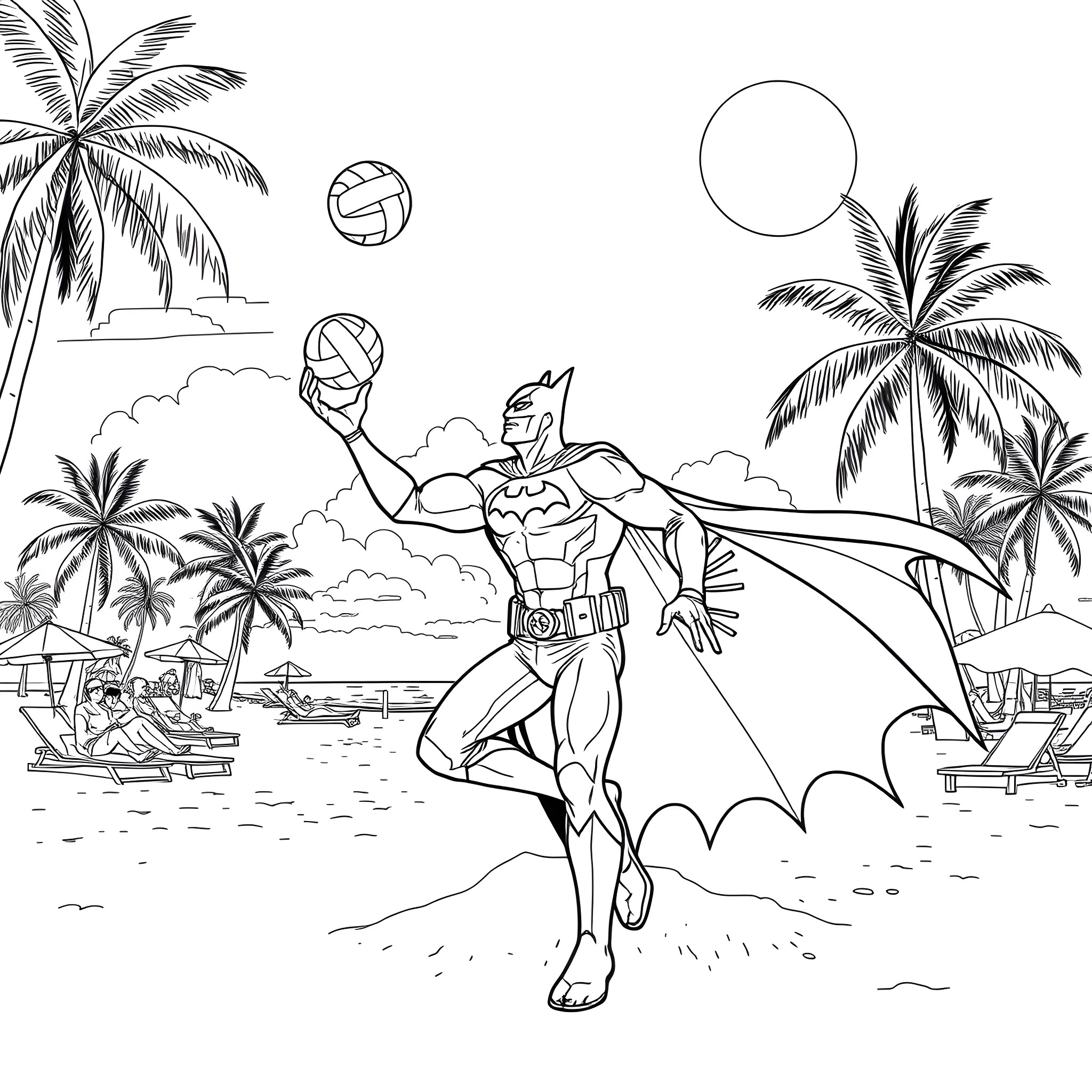 Batman playing volleyball on a tropical beach Coloring Page (free black-and-white line drawing printable PDF for all, from beginners to advanced learners, including children, teens, adults, and seniors)
