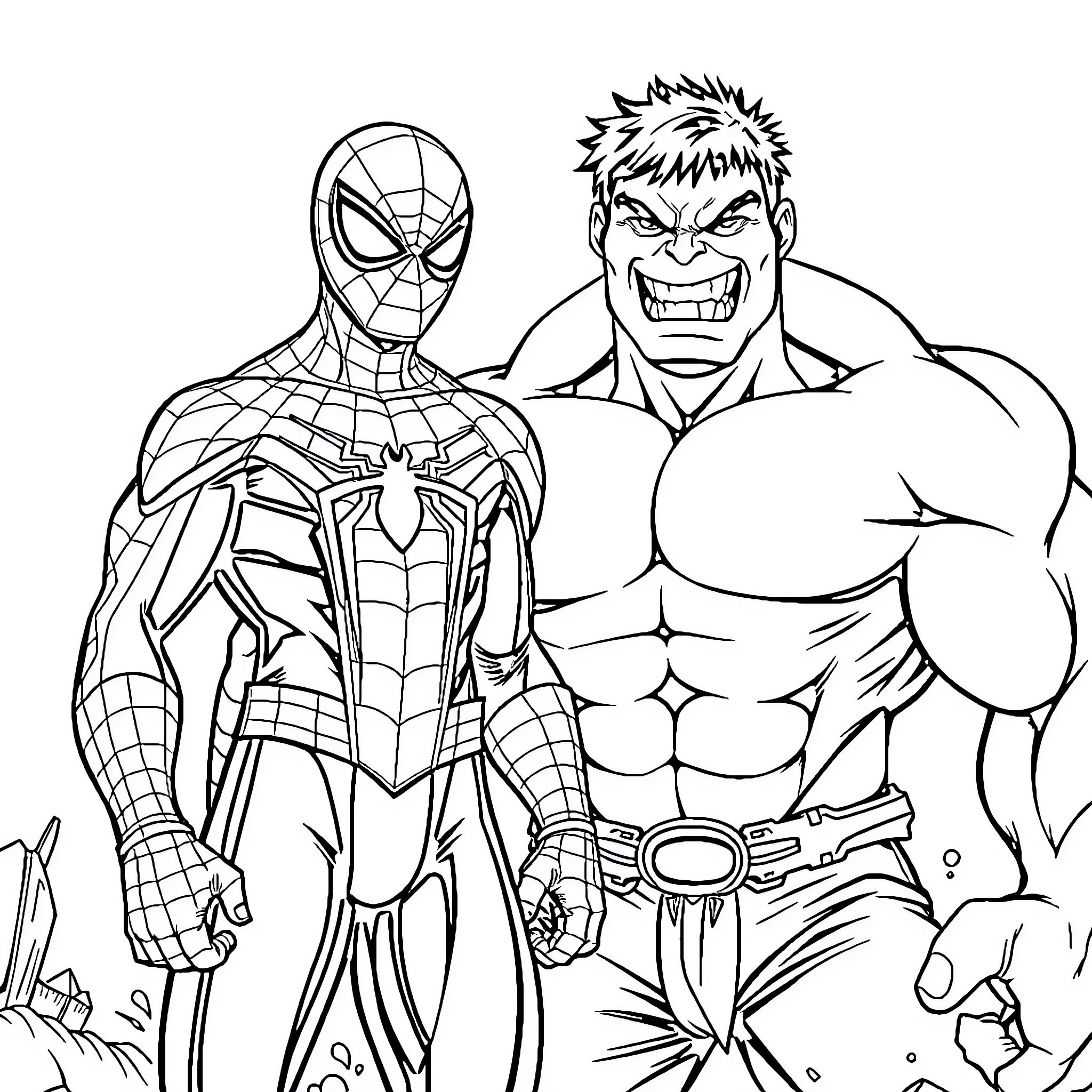 Spiderman and Hulk in heroic poses Coloring Page (free black-and-white line drawing printable PDF for all, from beginners to advanced learners, including children, teens, adults, and seniors)