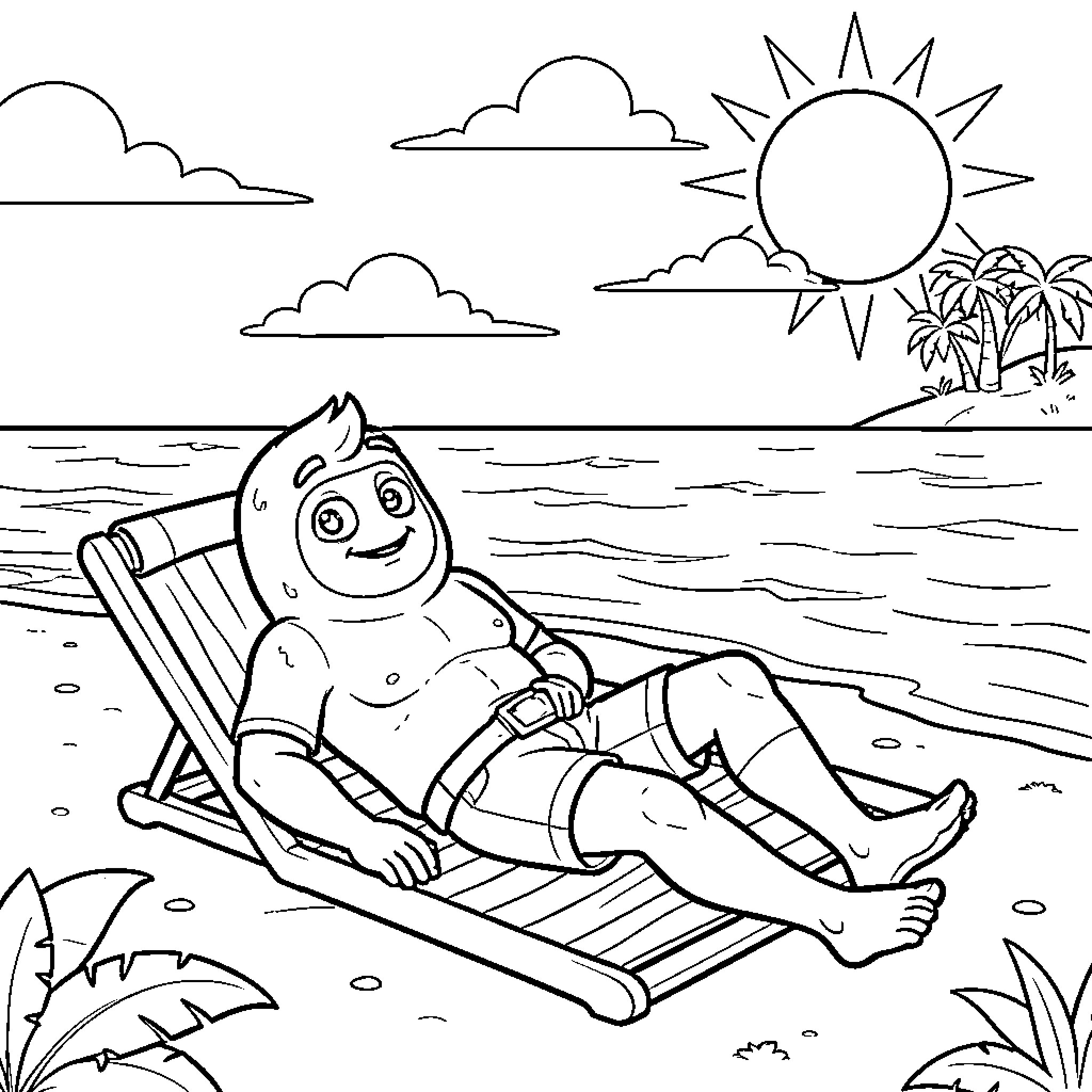 Peely relaxing on the beach under the sun Coloring Page (free black-and-white line drawing printable PDF for all, from beginners to advanced learners, including children, teens, adults, and seniors)