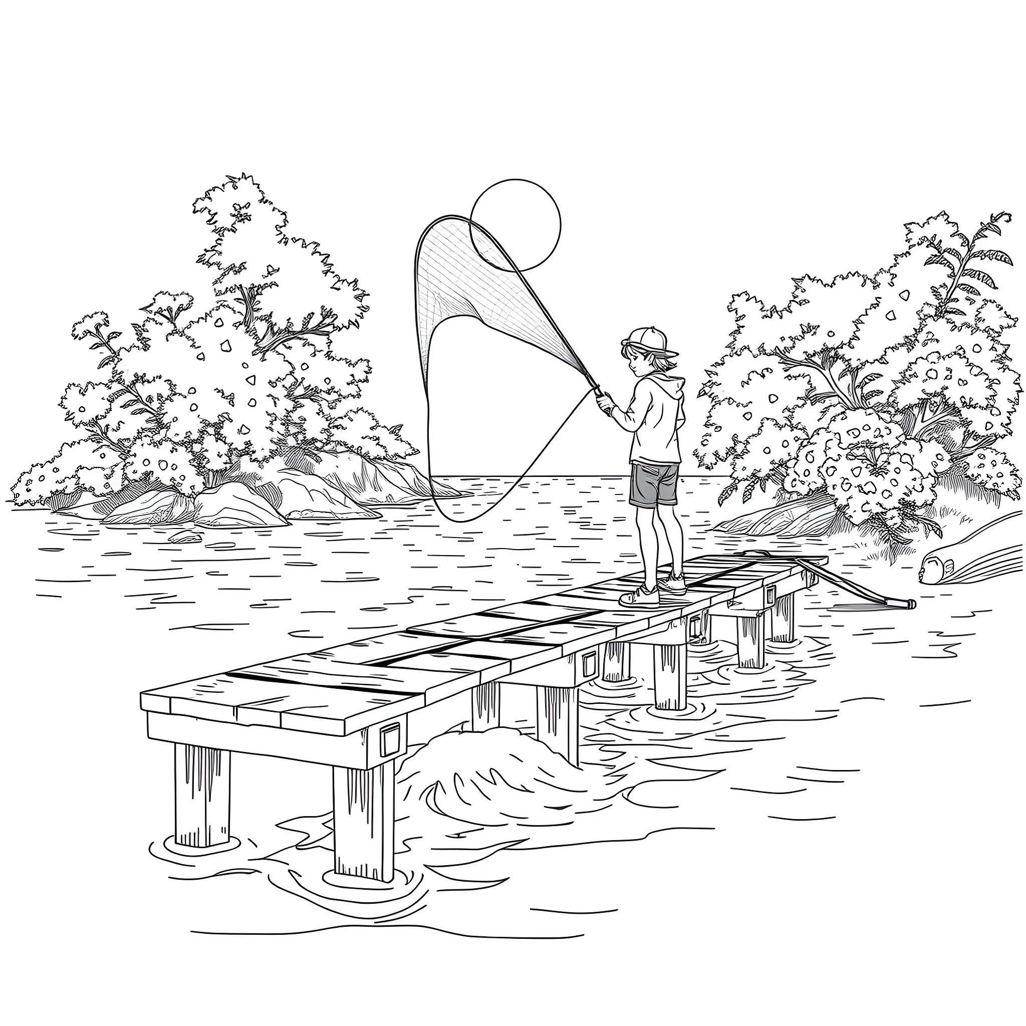 Teen fishing on the lake with a net Coloring Page (free black-and-white line drawing printable PDF for all, from beginners to advanced learners, including children, teens, adults, and seniors)