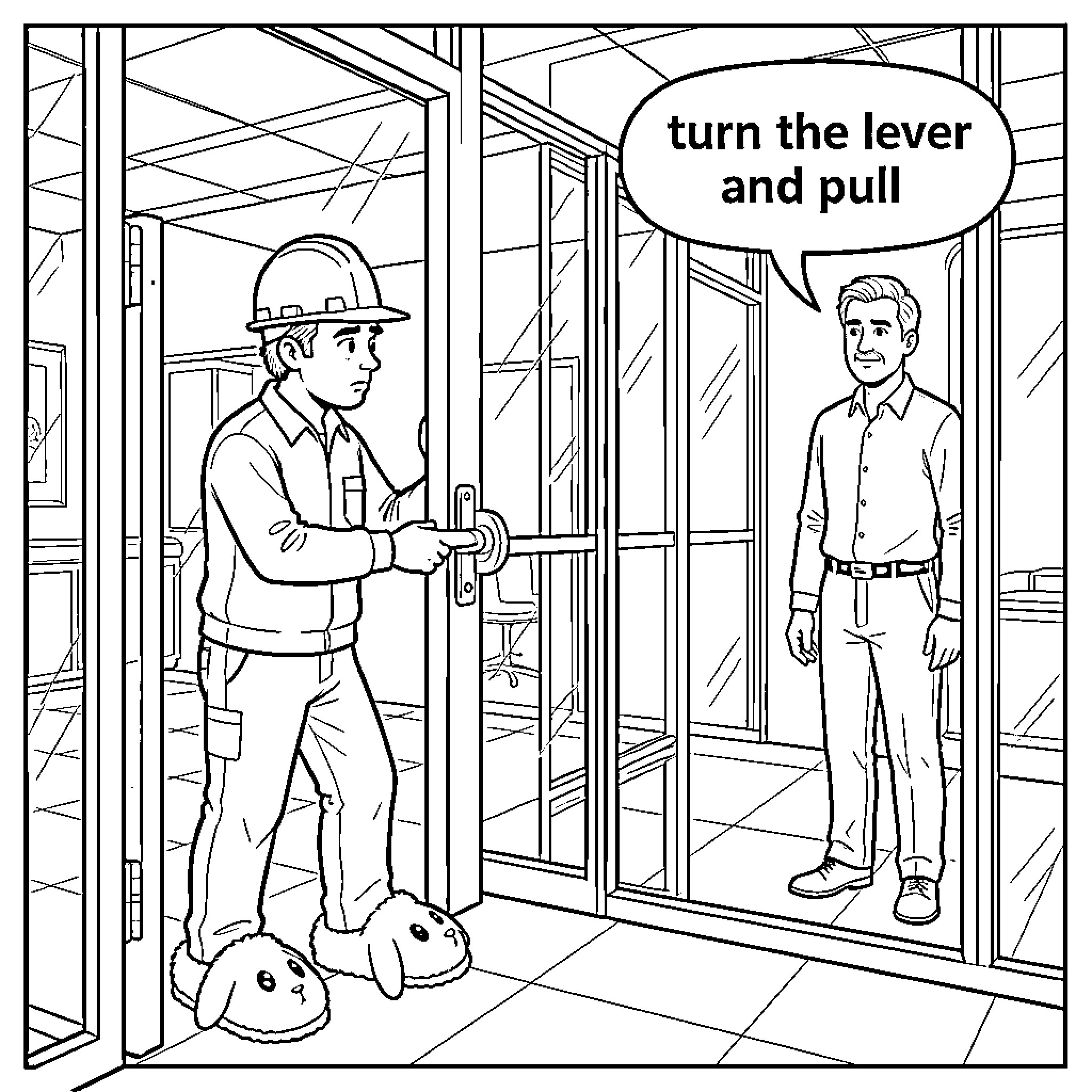 Door being opened by a worker in a hard hat Coloring Page (free black-and-white line drawing printable PDF for all, from beginners to advanced learners, including children, teens, adults, and seniors)