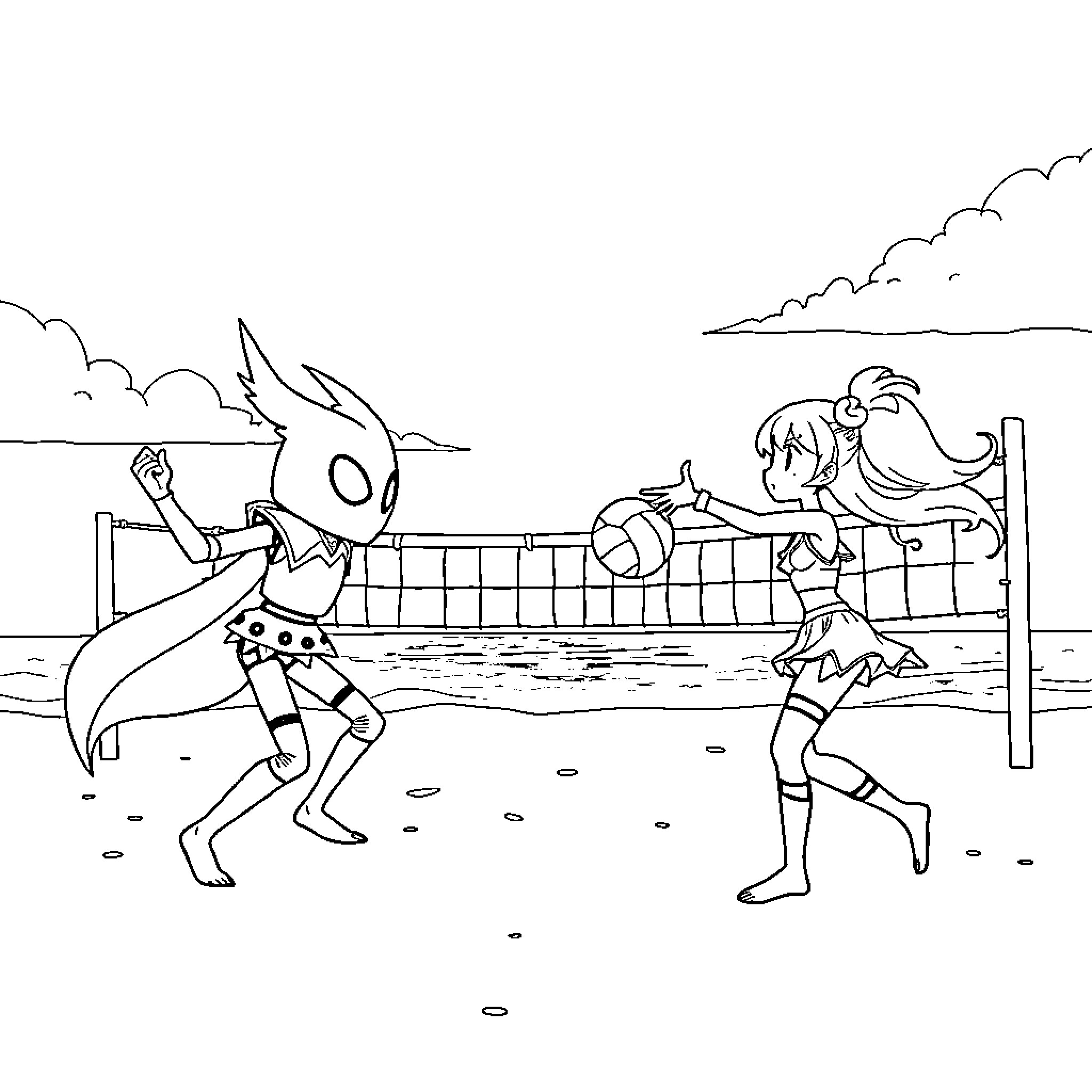 Hollow Knight characters playing volleyball Coloring Page (free black-and-white line drawing printable PDF for all, from beginners to advanced learners, including children, teens, adults, and seniors)
