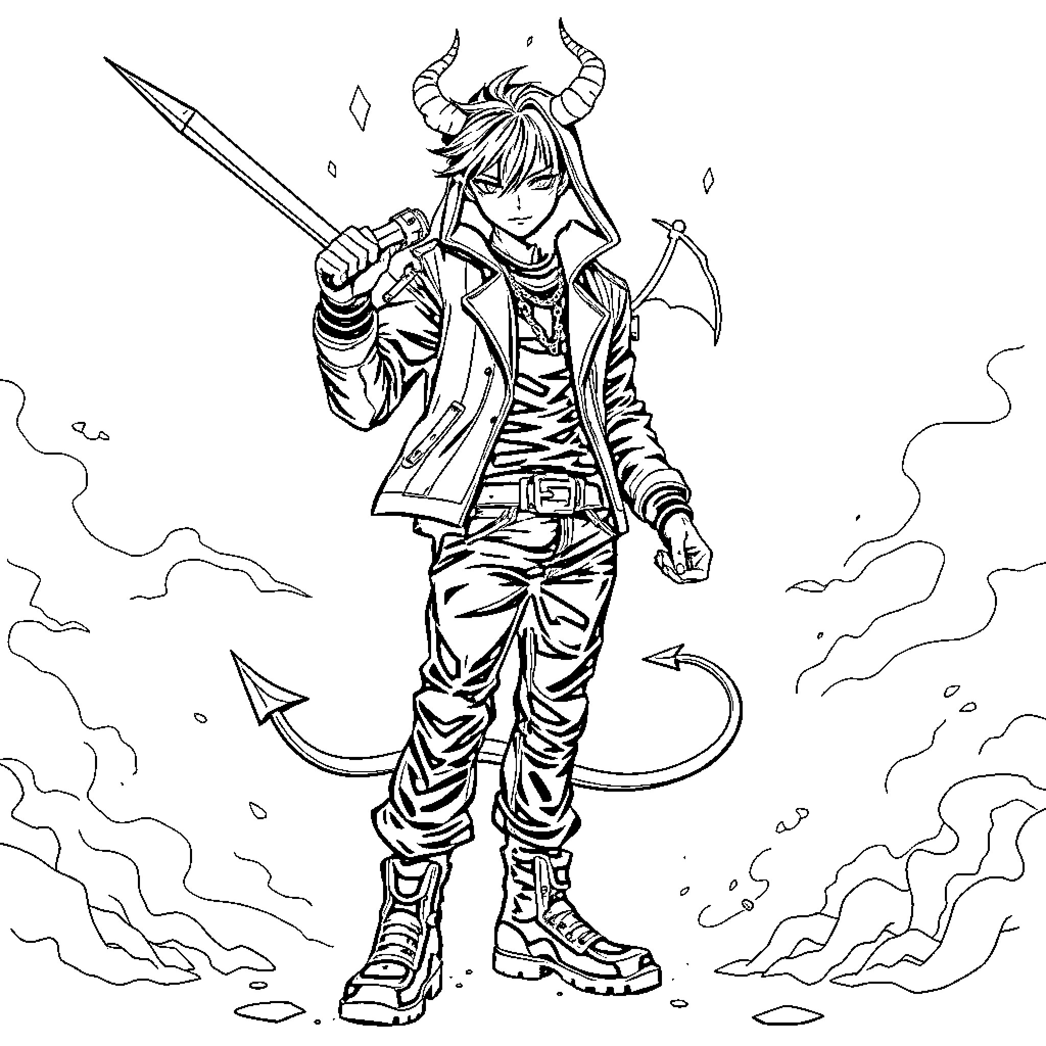 Kpop Demon Hunter battles with fierce determination Coloring Page (free black-and-white line drawing printable PDF for all, from beginners to advanced learners, including children, teens, adults, and seniors)