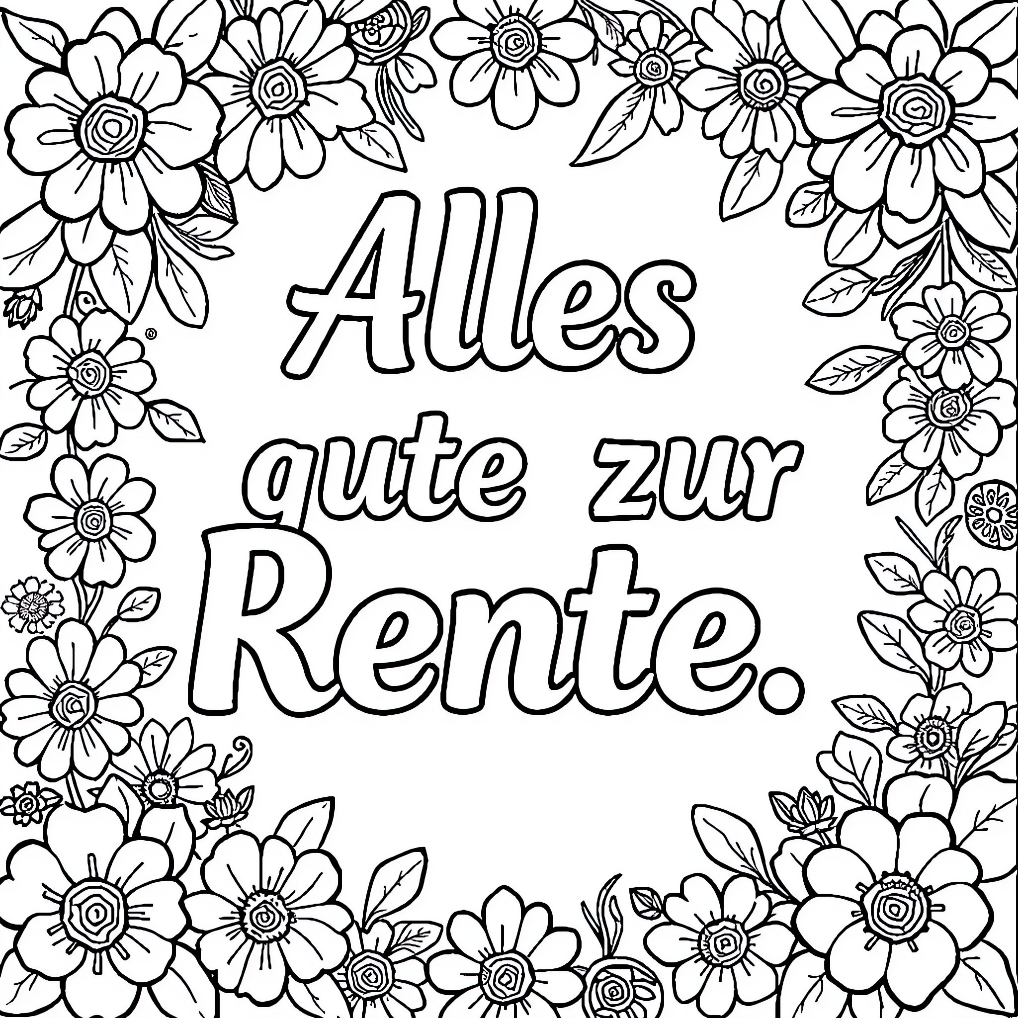 Retirement surrounded by cheerful floral illustrations Coloring Page (free black-and-white line drawing printable PDF for all, from beginners to advanced learners, including children, teens, adults, and seniors)