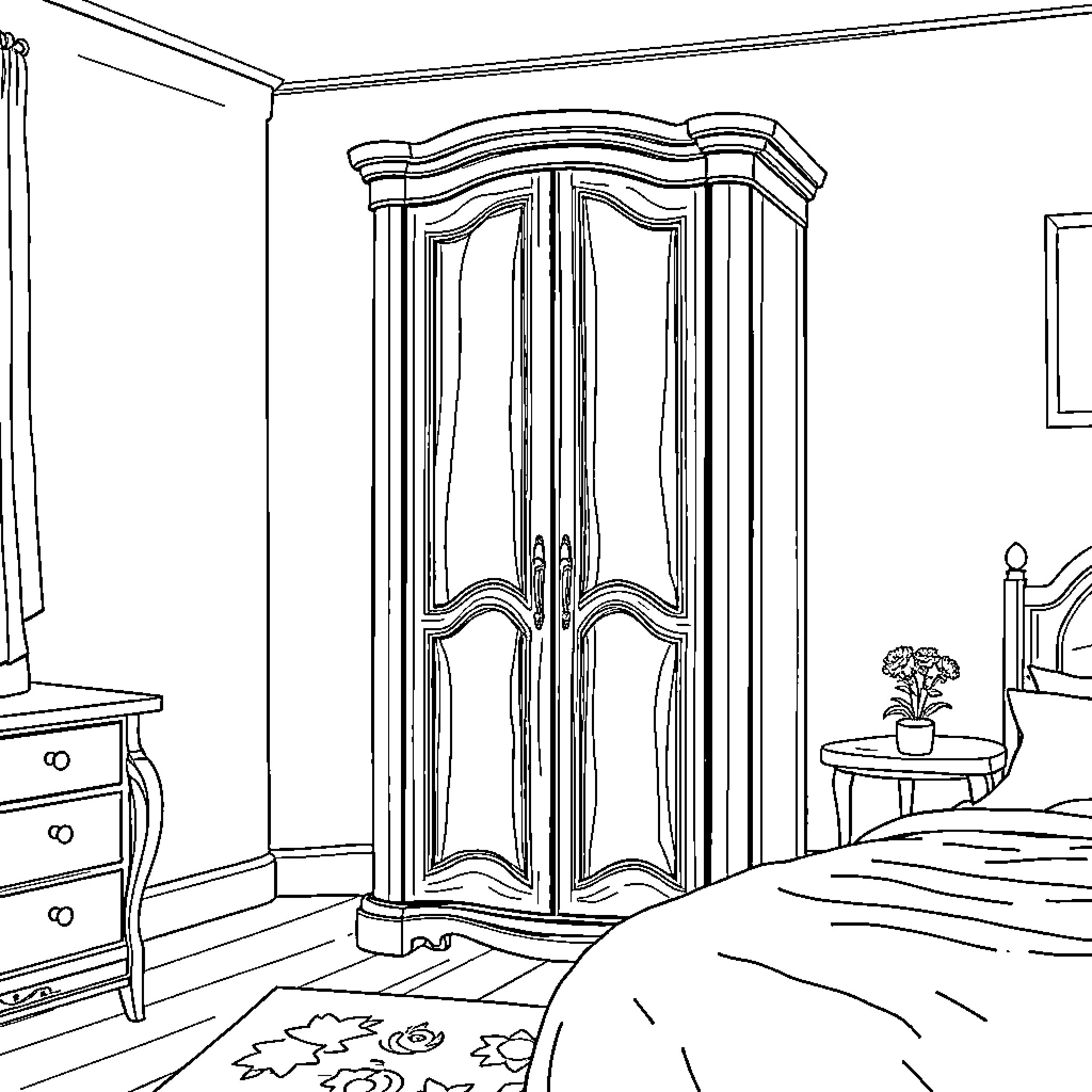 Wardrobe in a Cozy Bedroom Setting Coloring Page (free black-and-white line drawing printable PDF for all, from beginners to advanced learners, including children, teens, adults, and seniors)