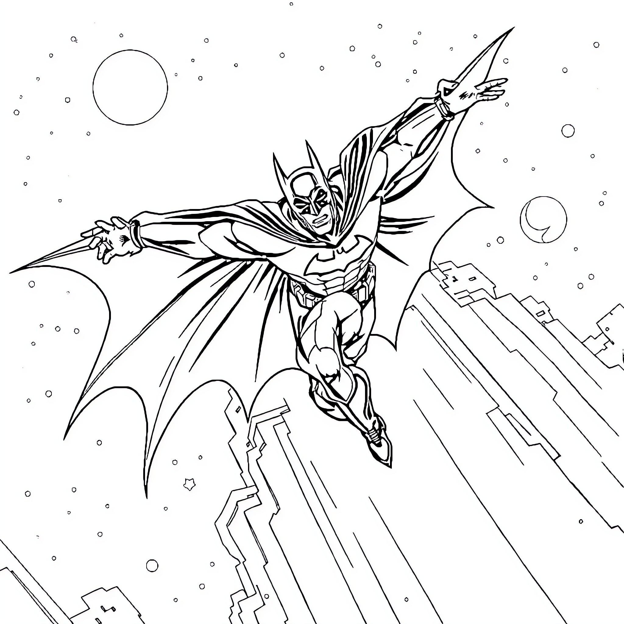 Batman soaring above the city at night Coloring Page (free black-and-white line drawing printable PDF for all, from beginners to advanced learners, including children, teens, adults, and seniors)