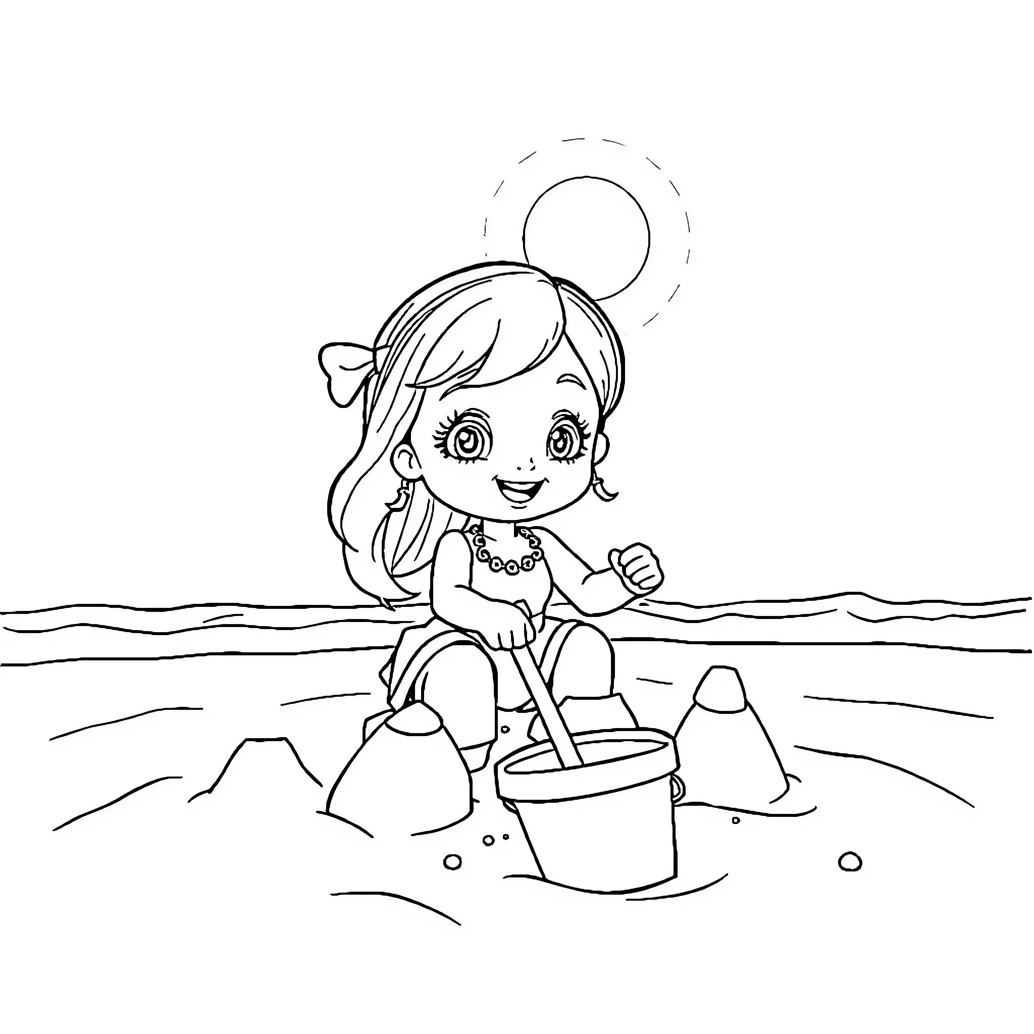 Gaby playing happily on the beach Coloring Page (free black-and-white line drawing printable PDF for all, from beginners to advanced learners, including children, teens, adults, and seniors)