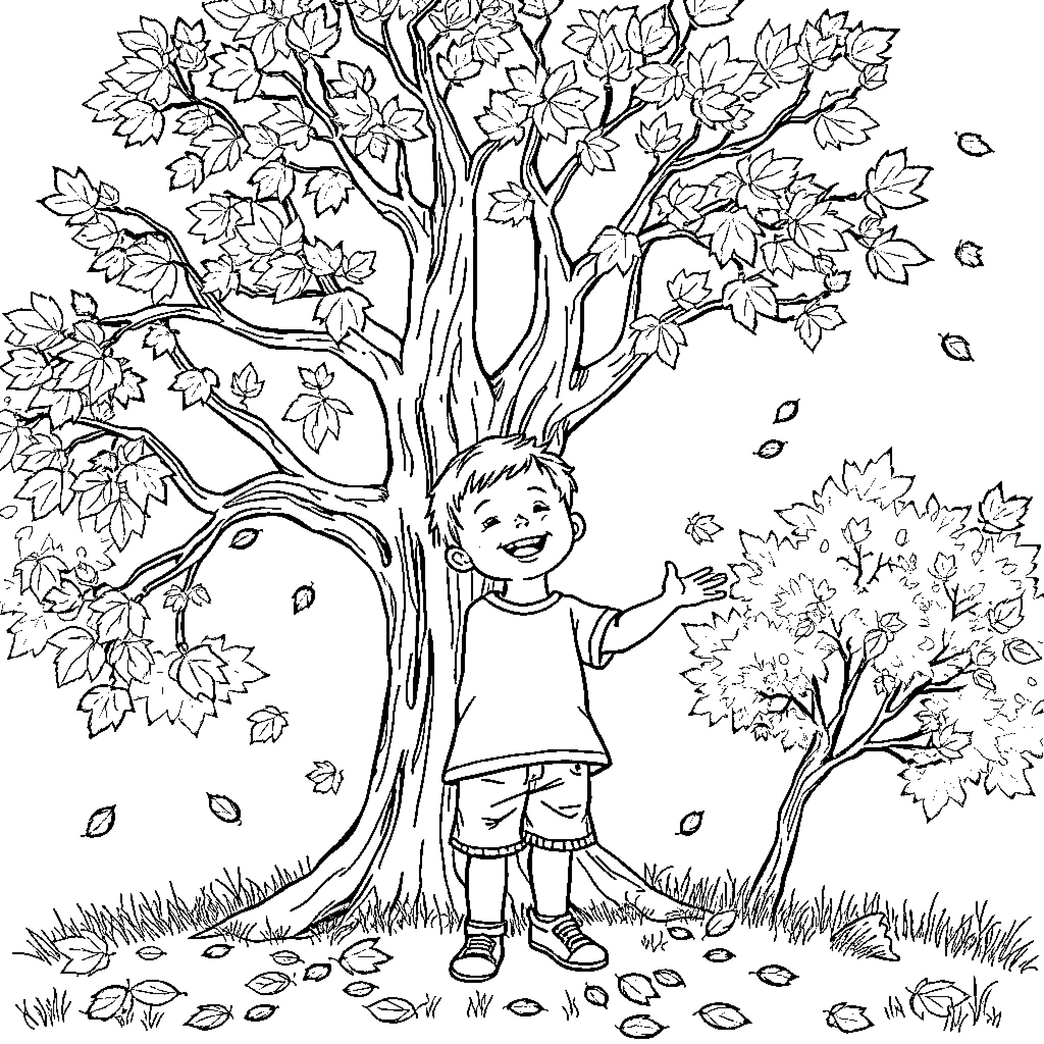 Child playing joyfully amid autumn leaves Coloring Page (free black-and-white line drawing printable PDF for all, from beginners to advanced learners, including children, teens, adults, and seniors)