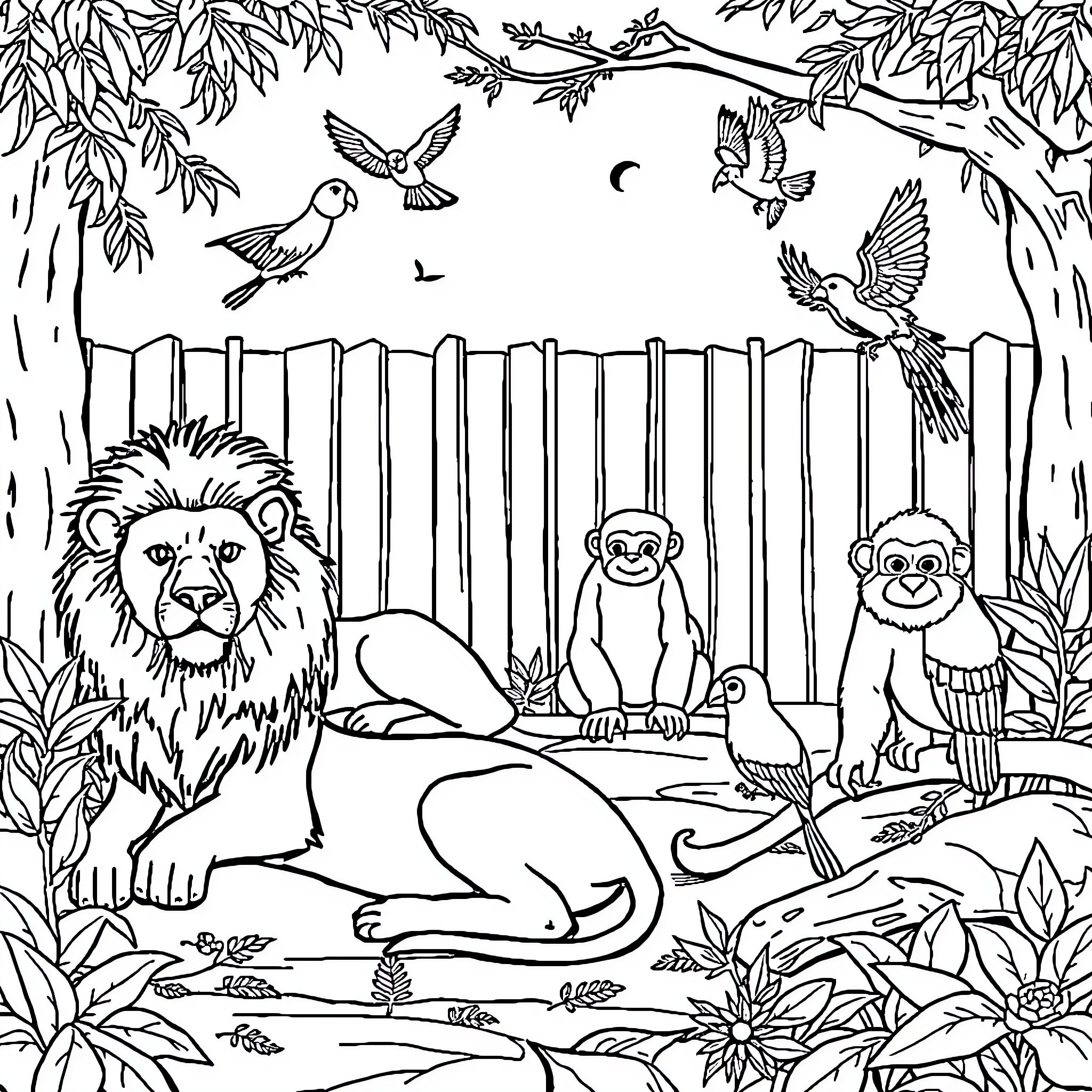 Animal Friendly Forest Scene with Wildlife Coloring Page (free black-and-white line drawing printable PDF for all, from beginners to advanced learners, including children, teens, adults, and seniors)