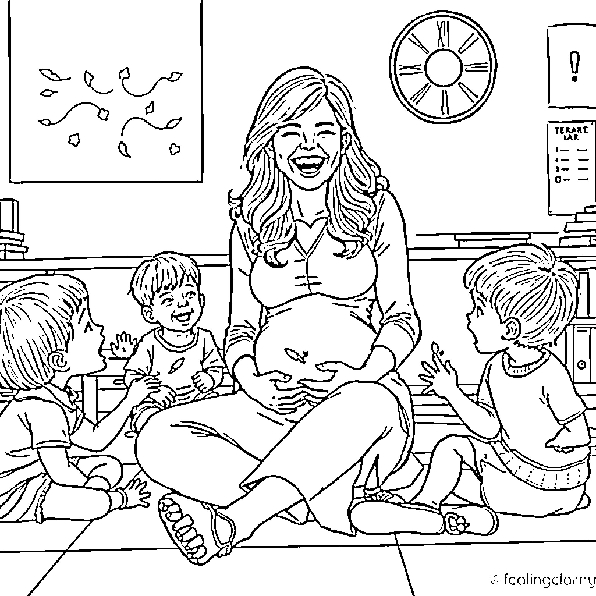 Teacher engaging students in interactive learning Coloring Page (free black-and-white line drawing printable PDF for all, from beginners to advanced learners, including children, teens, adults, and seniors)
