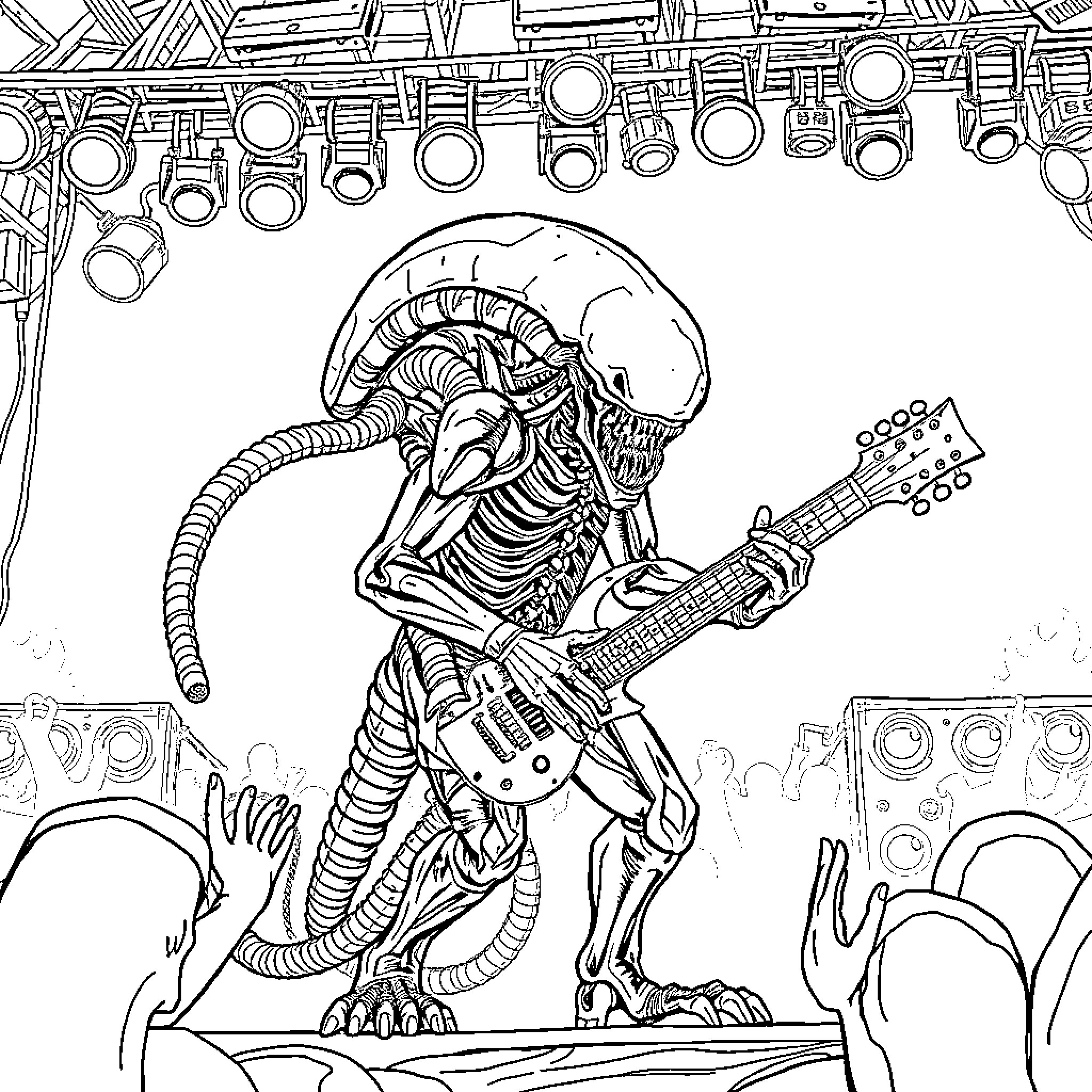 Xenomorph playing electric guitar on stage Coloring Page (free black-and-white line drawing printable PDF for all, from beginners to advanced learners, including children, teens, adults, and seniors)