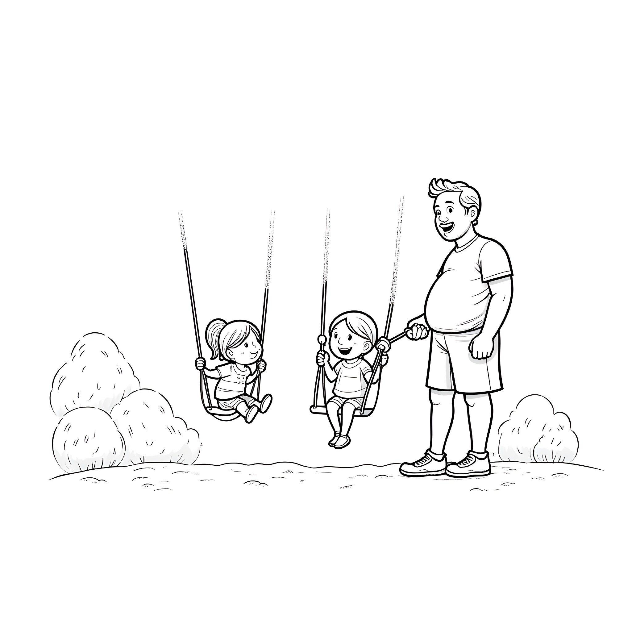 Grandfather spending quality time with grandchildren on swings Coloring Page (free black-and-white line drawing printable PDF for all, from beginners to advanced learners, including children, teens, adults, and seniors)