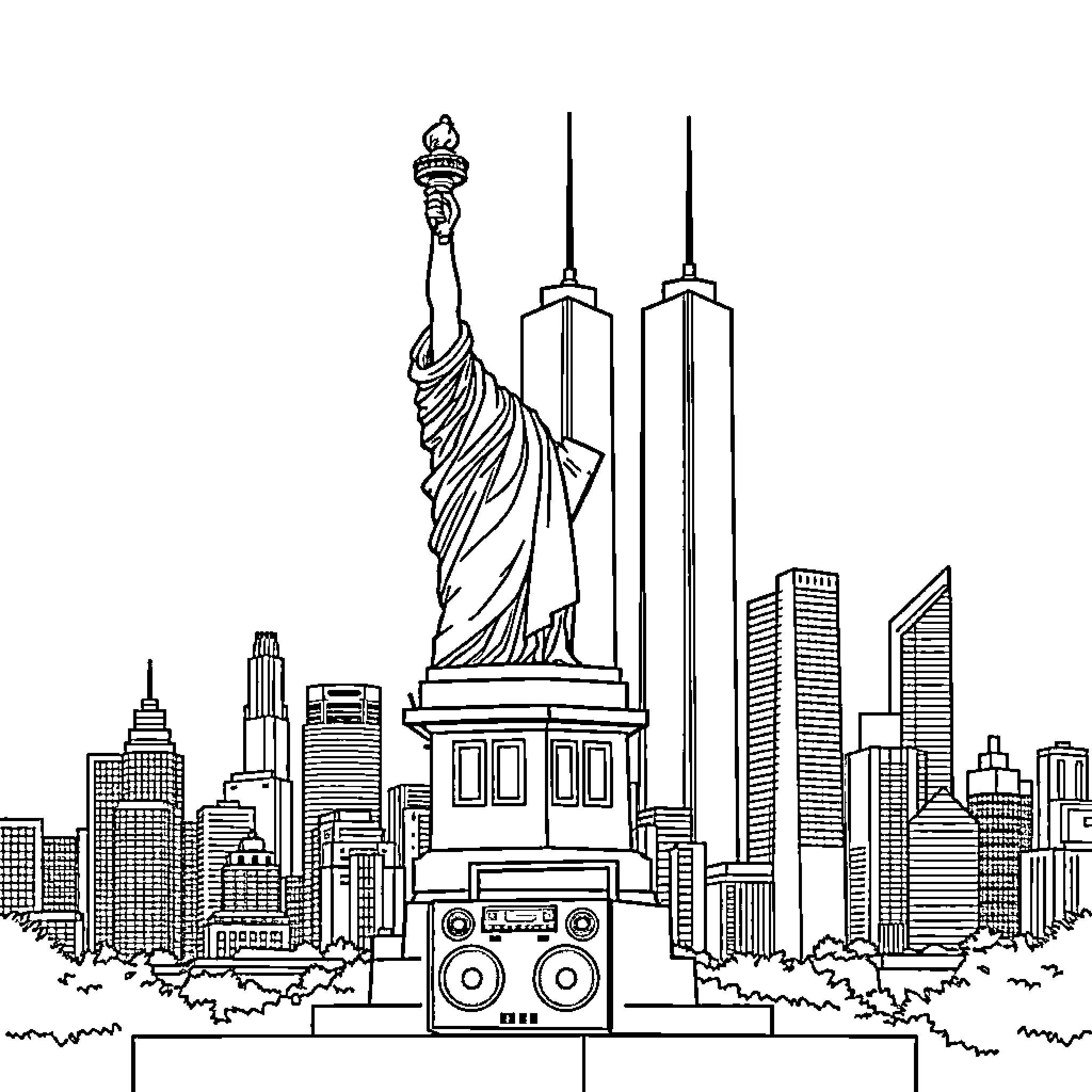 Statue Of Liberty standing tall in a bustling city Coloring Page (free black-and-white line drawing printable PDF for all, from beginners to advanced learners, including children, teens, adults, and seniors)