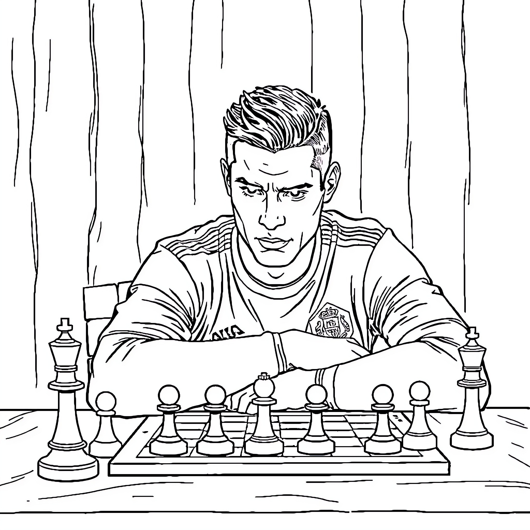 Ronaldo playing chess with intense focus Coloring Page (free black-and-white line drawing printable PDF for all, from beginners to advanced learners, including children, teens, adults, and seniors)