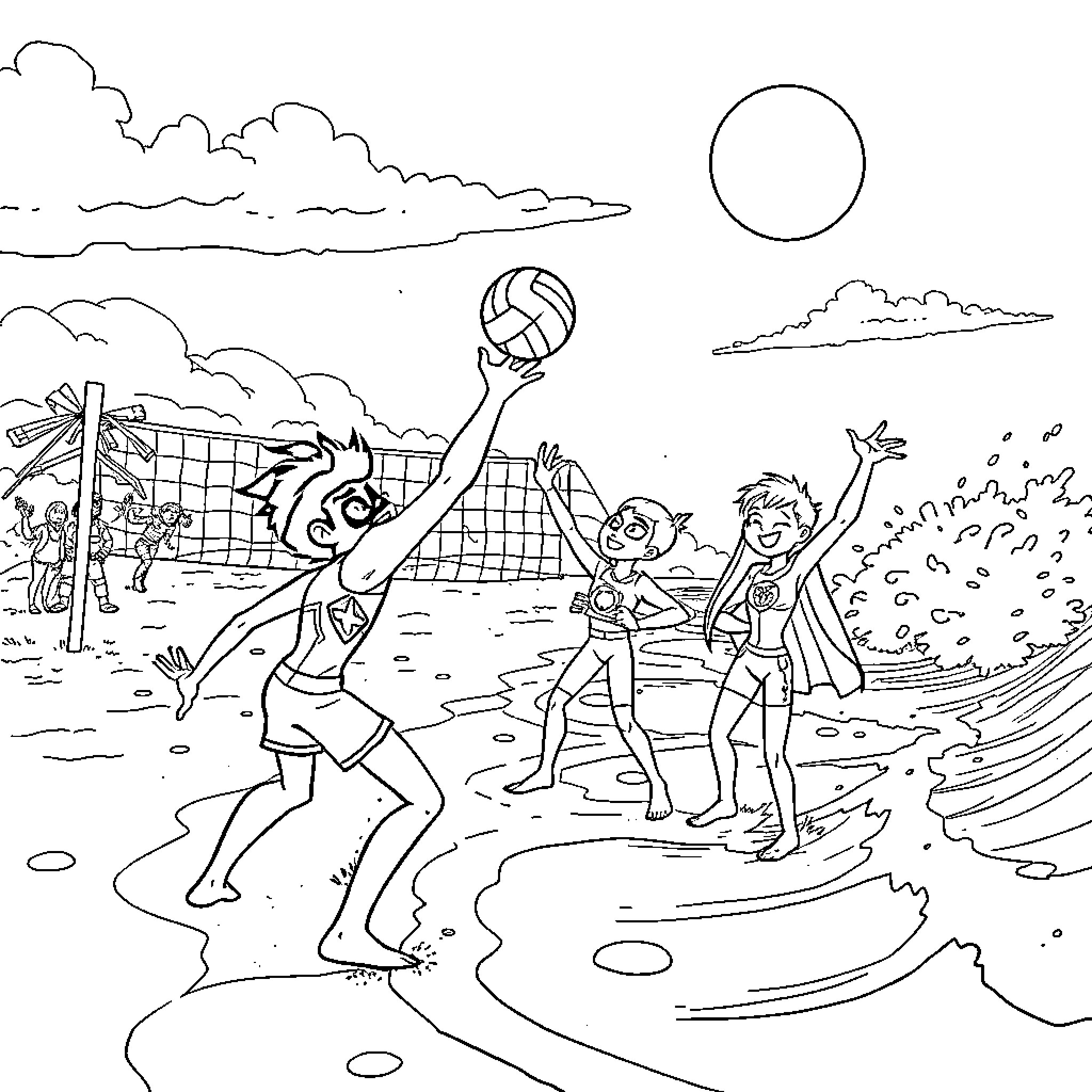 Teen Titans playing volleyball on the beach Coloring Page (free black-and-white line drawing printable PDF for all, from beginners to advanced learners, including children, teens, adults, and seniors)