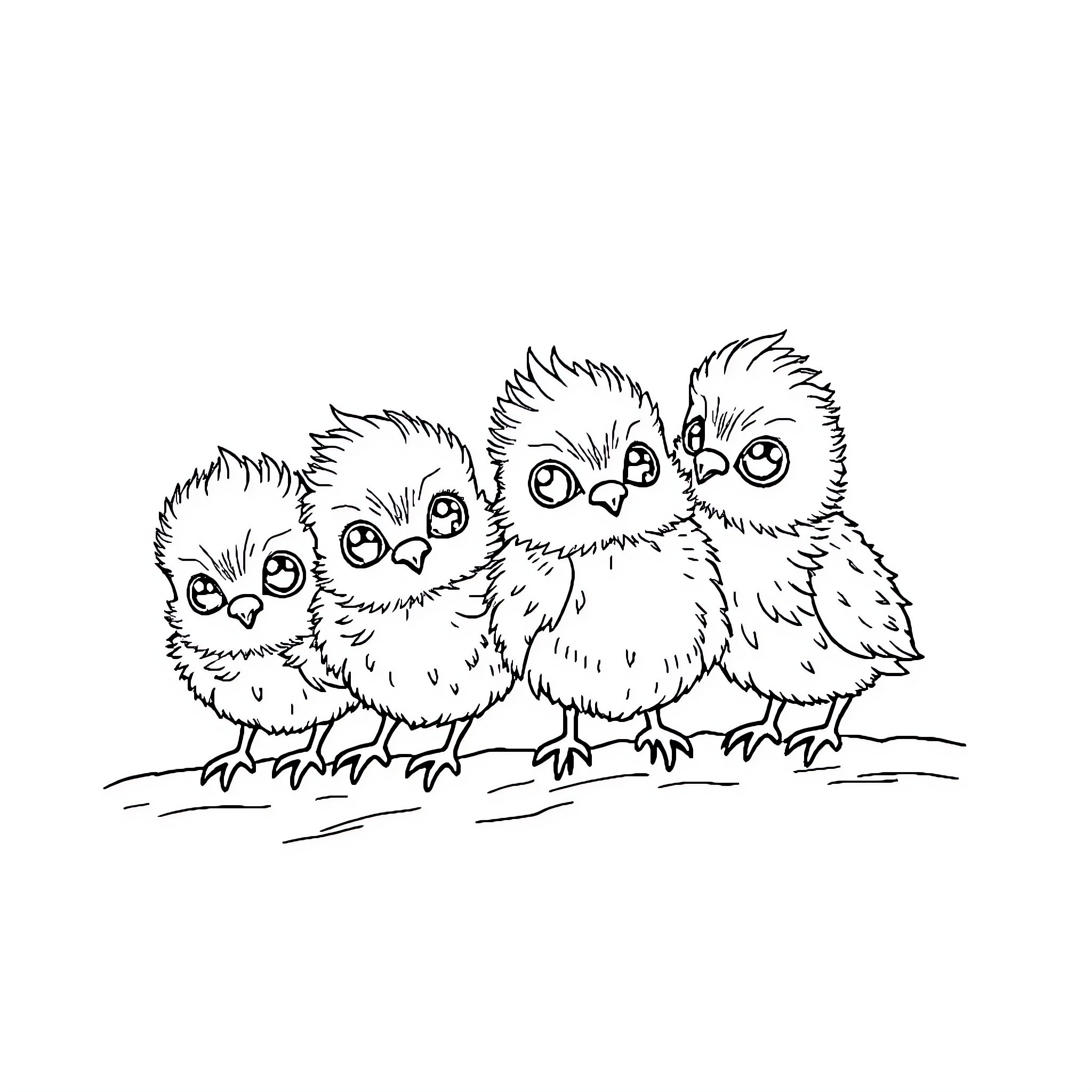 Chouette Chicks Cheerfully Huddled Together Coloring Page (free black-and-white line drawing printable PDF for all, from beginners to advanced learners, including children, teens, adults, and seniors)