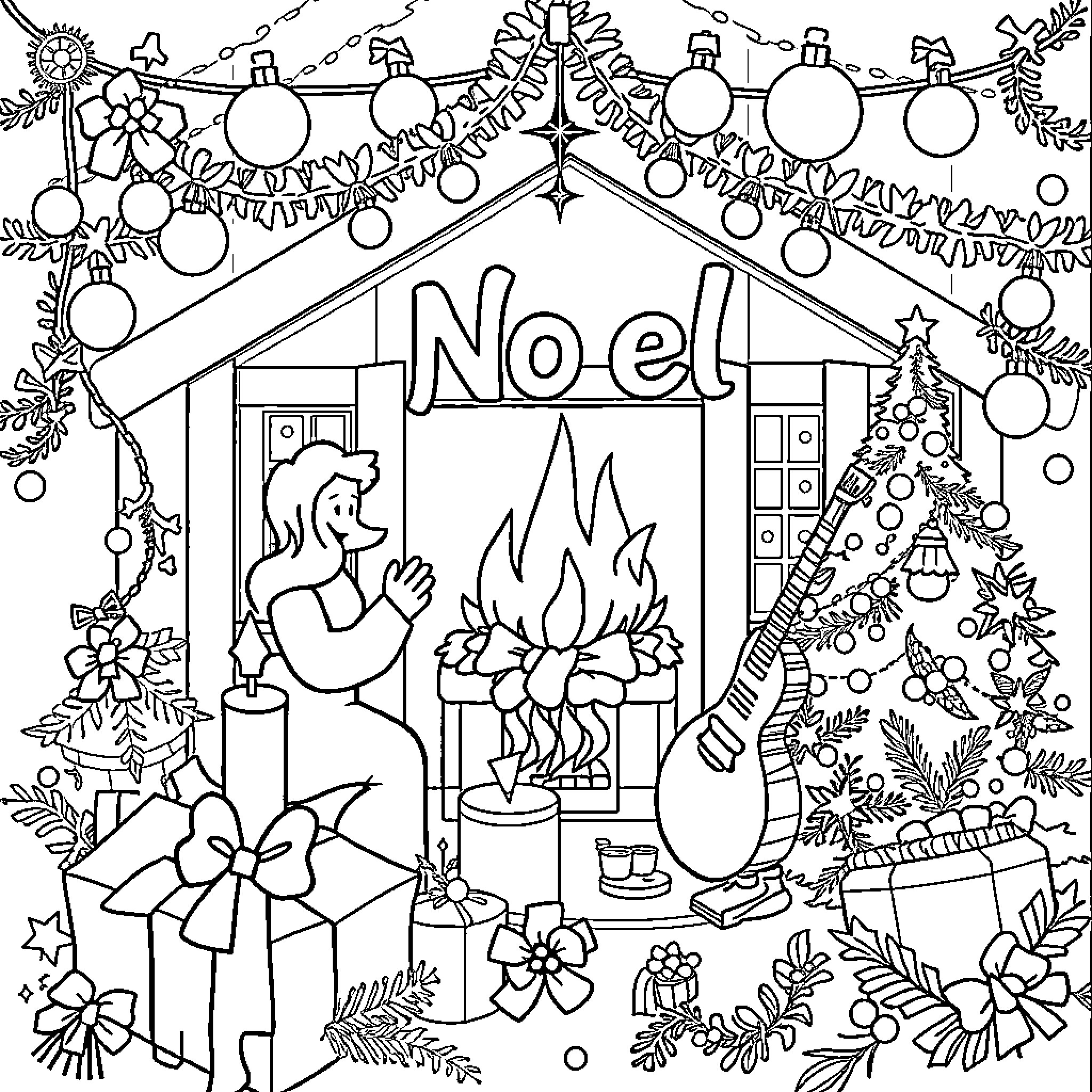Noel's Cozy Holiday Celebration Coloring Page (free black-and-white line drawing printable PDF for all, from beginners to advanced learners, including children, teens, adults, and seniors)