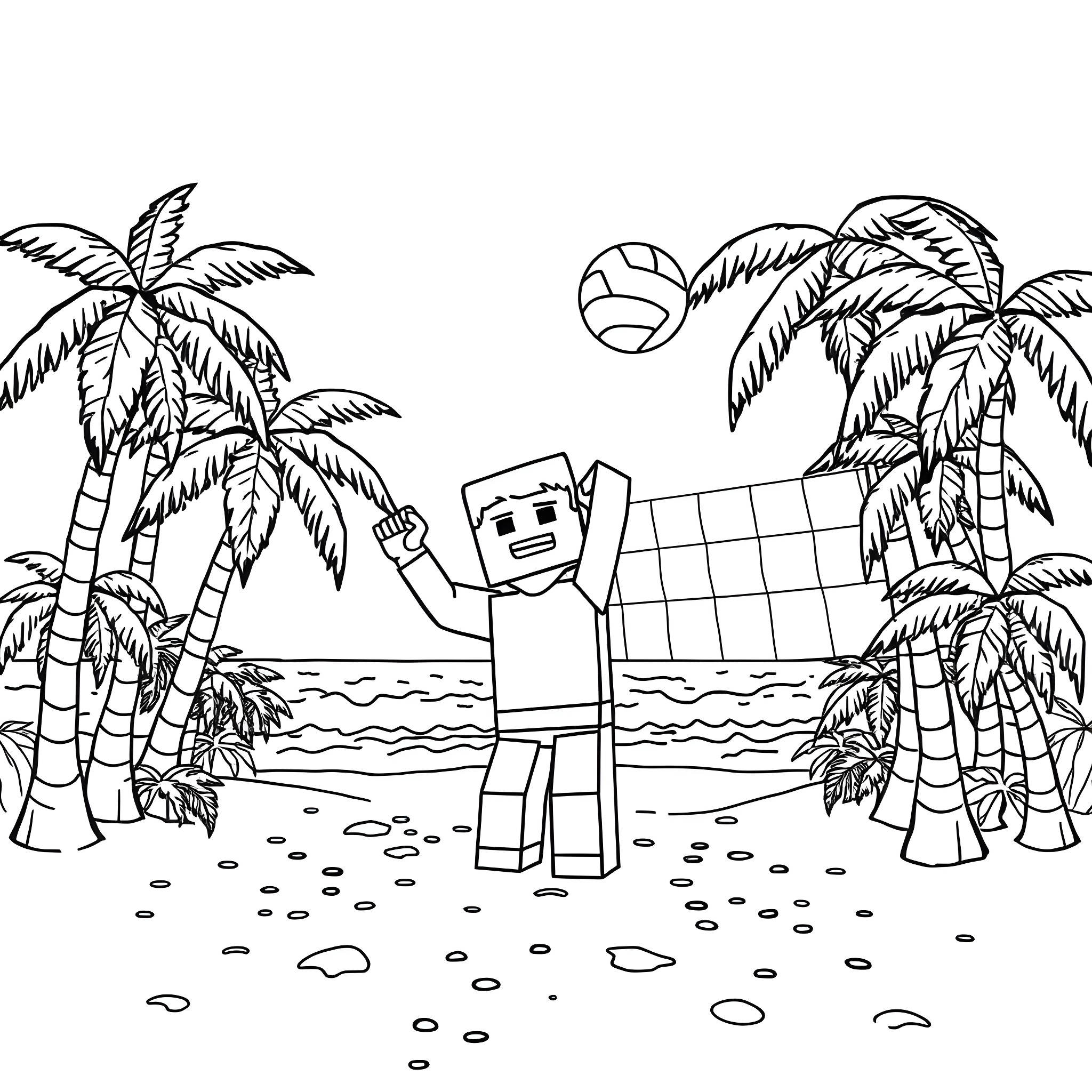 Steve having fun on the beach with beach ball Coloring Page (free black-and-white line drawing printable PDF for all, from beginners to advanced learners, including children, teens, adults, and seniors)