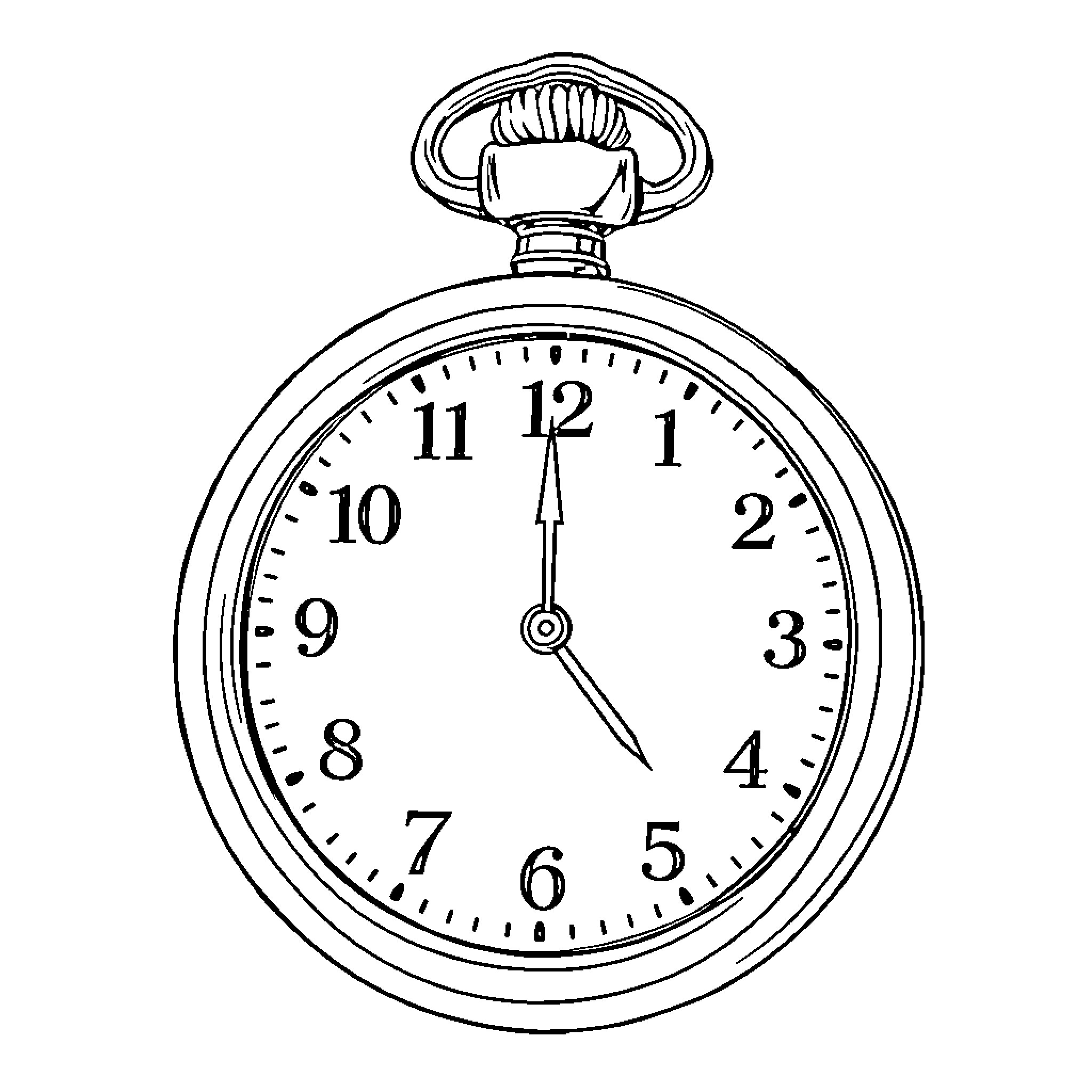 Pocket Watch displaying time Coloring Page (free black-and-white line drawing printable PDF for all, from beginners to advanced learners, including children, teens, adults, and seniors)