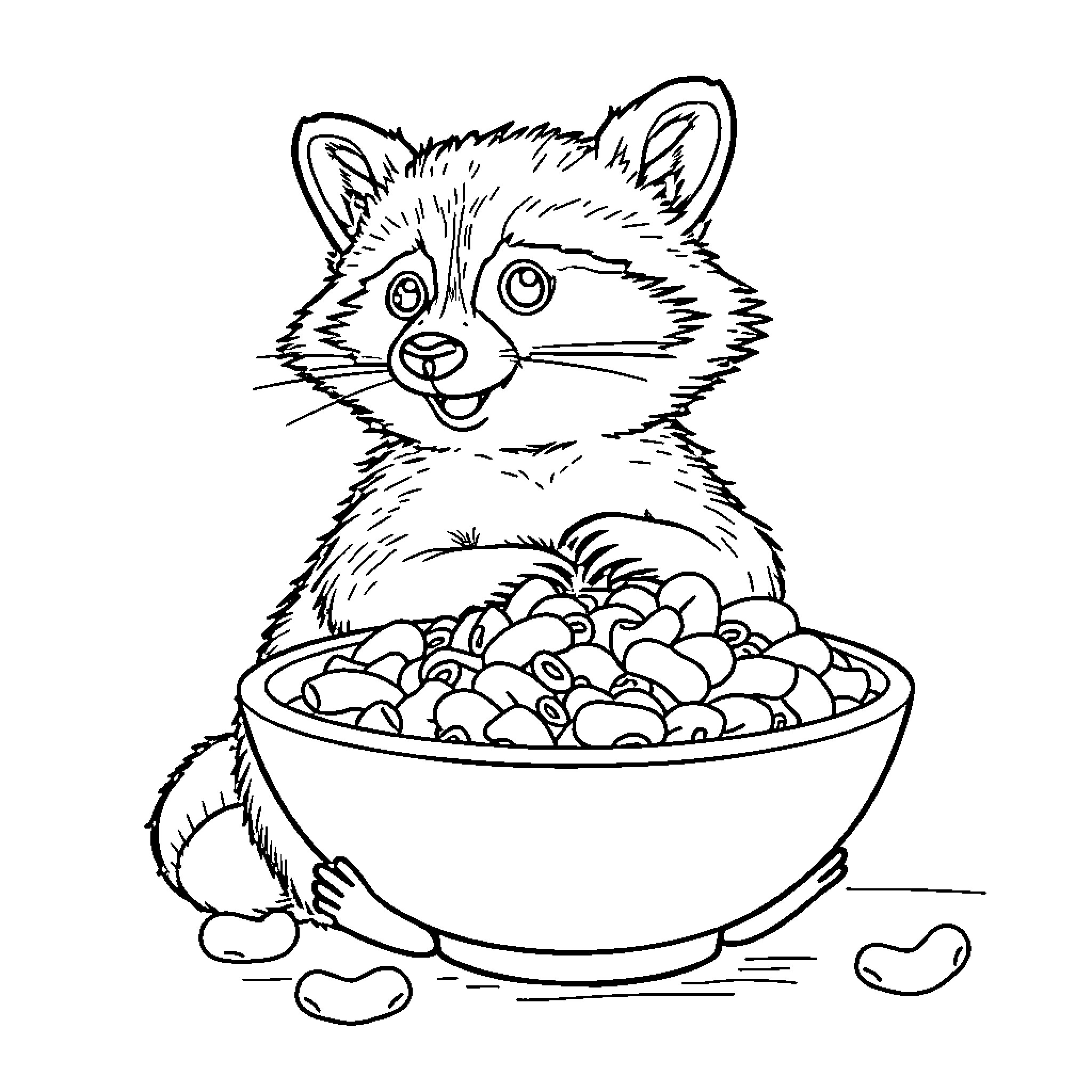 Raccoon enjoying a tasty meal of nuts and berries Coloring Page (free black-and-white line drawing printable PDF for all, from beginners to advanced learners, including children, teens, adults, and seniors)