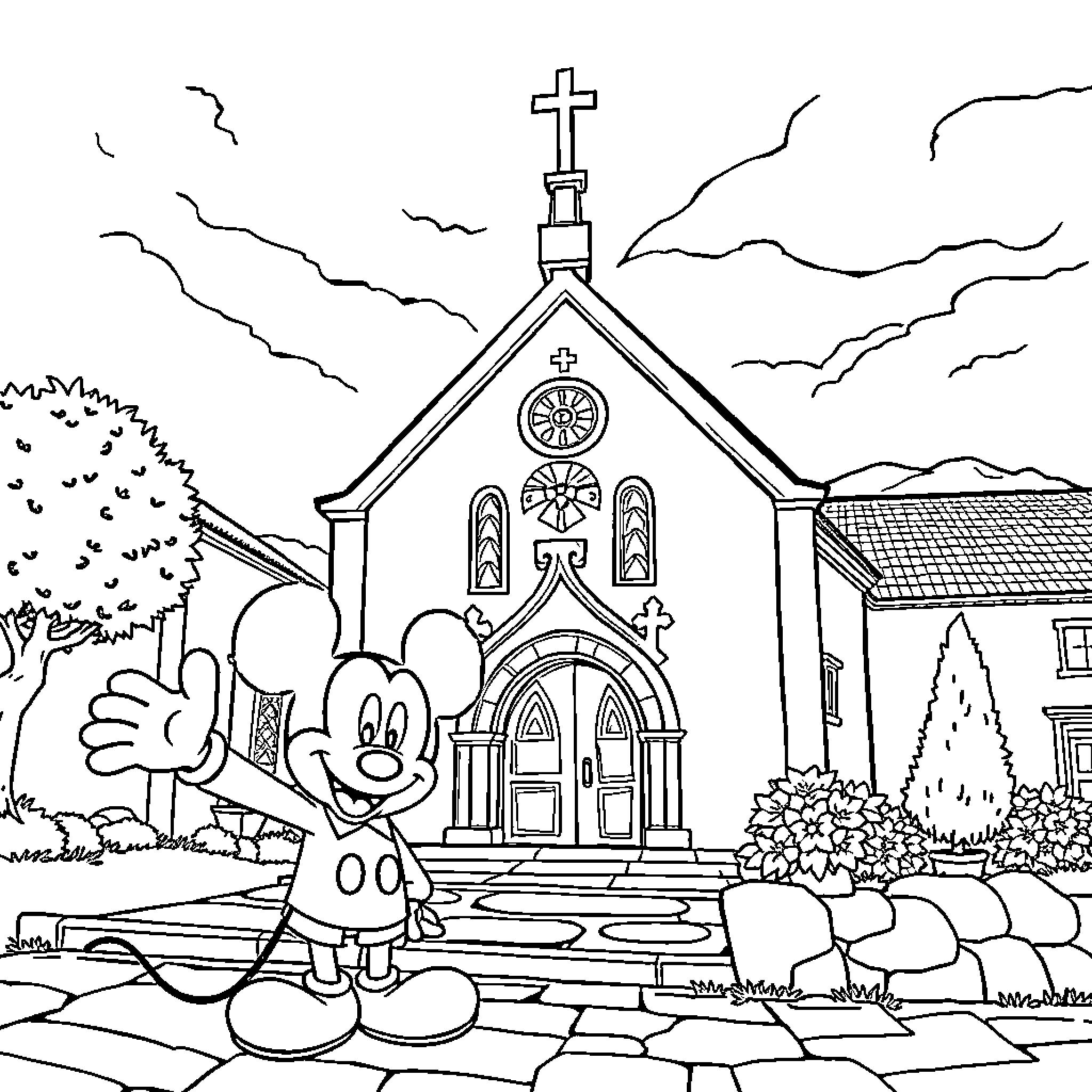 Mickey Mouse visits a church in the countryside Coloring Page (free black-and-white line drawing printable PDF for all, from beginners to advanced learners, including children, teens, adults, and seniors)