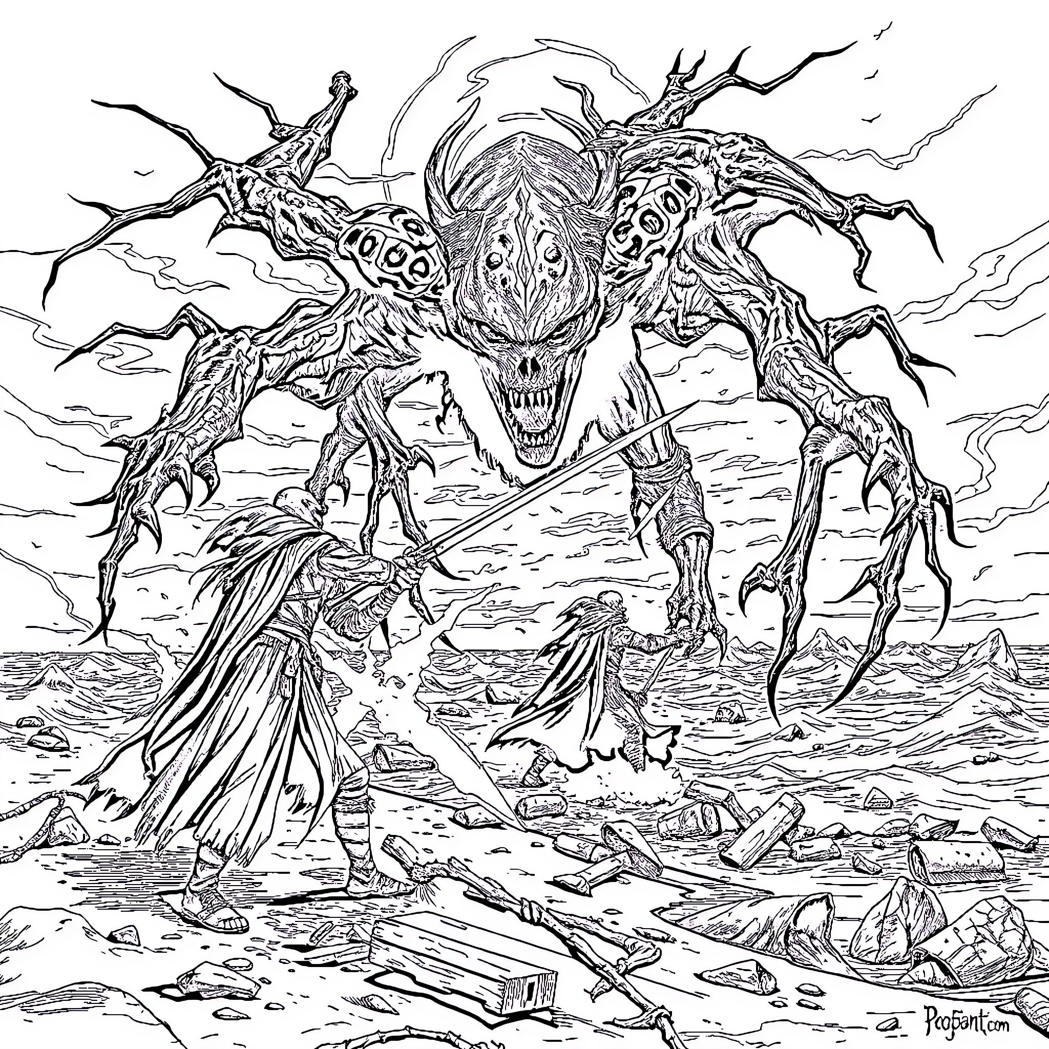 Hunter Confronting Terrifying Otherworldly Creature Coloring Page (free black-and-white line drawing printable PDF for all, from beginners to advanced learners, including children, teens, adults, and seniors)