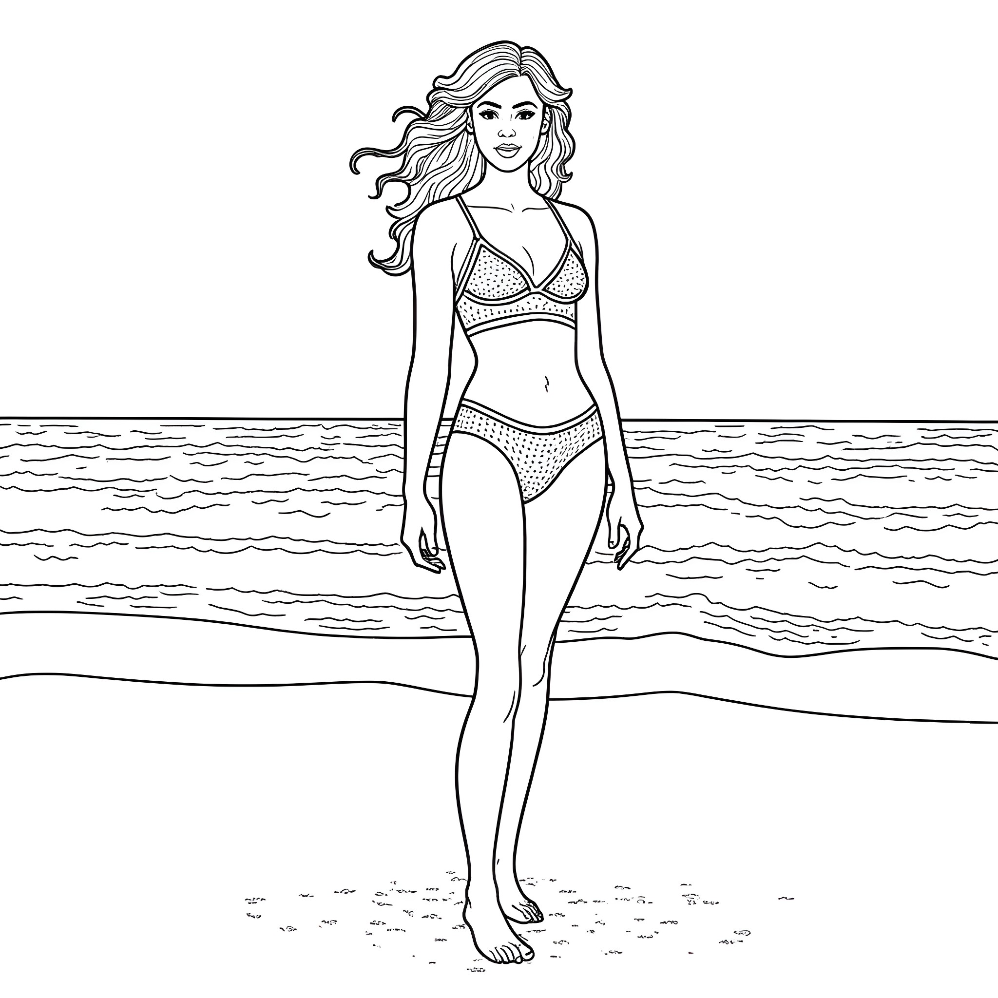 Beyonce in a Stylish Beachwear Pose Coloring Page (free black-and-white line drawing printable PDF for all, from beginners to advanced learners, including children, teens, adults, and seniors)