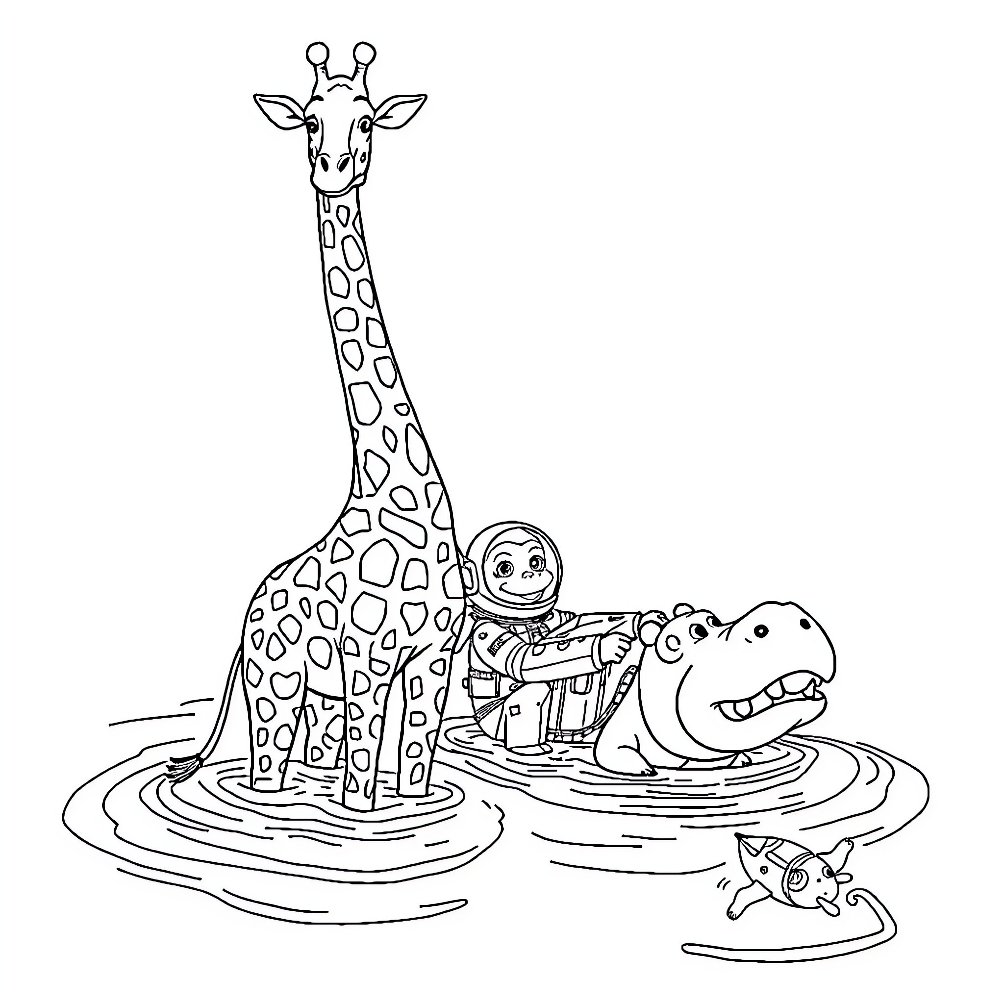 Giraffe and friends splashing in the water Coloring Page (free black-and-white line drawing printable PDF for all, from beginners to advanced learners, including children, teens, adults, and seniors)